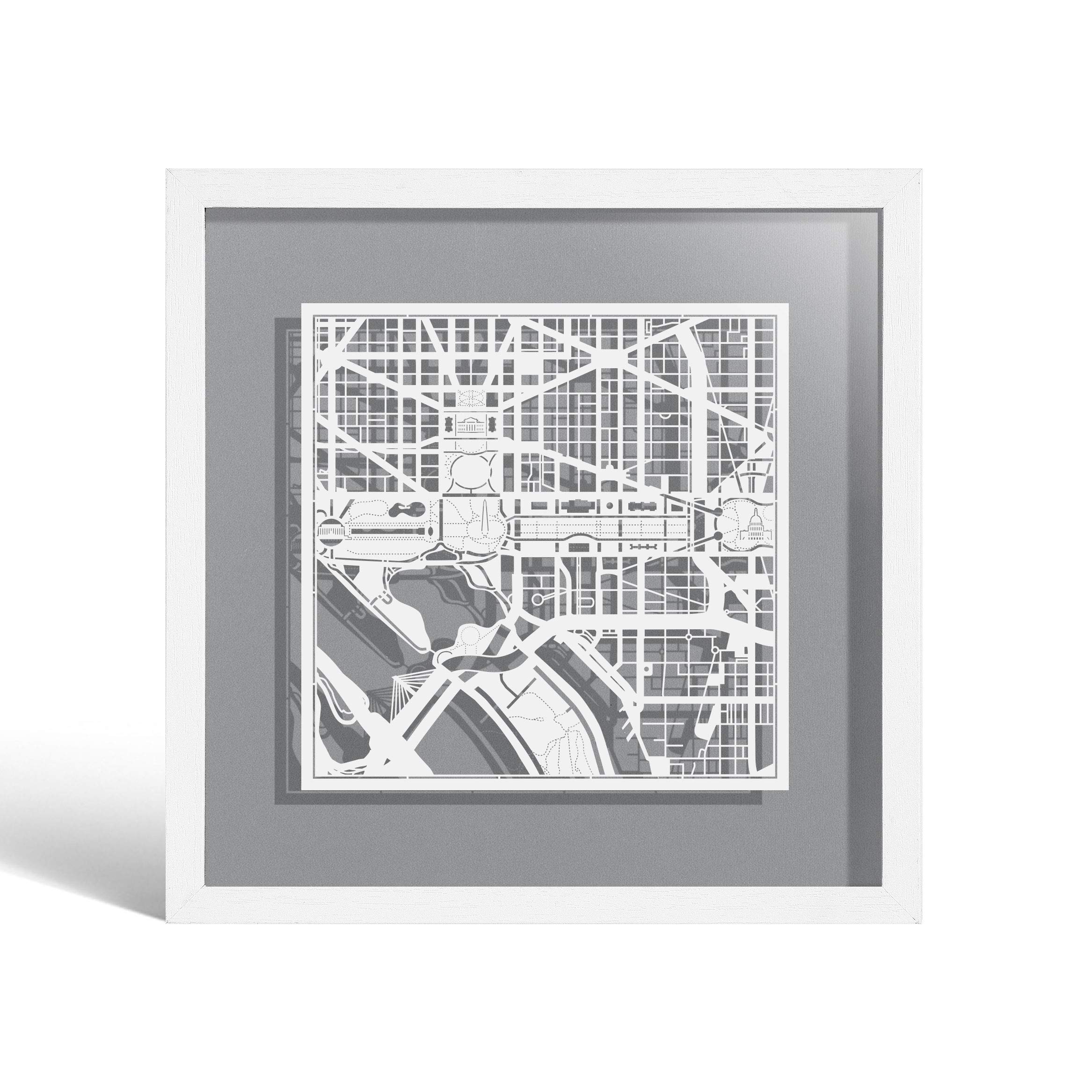 O3 DESIGN STUDIO Washington D.C. Paper Cut Map framed, White map, White frame, 9x9 inches, Gift Boxed, 4 background color, self-changing, Paper Art