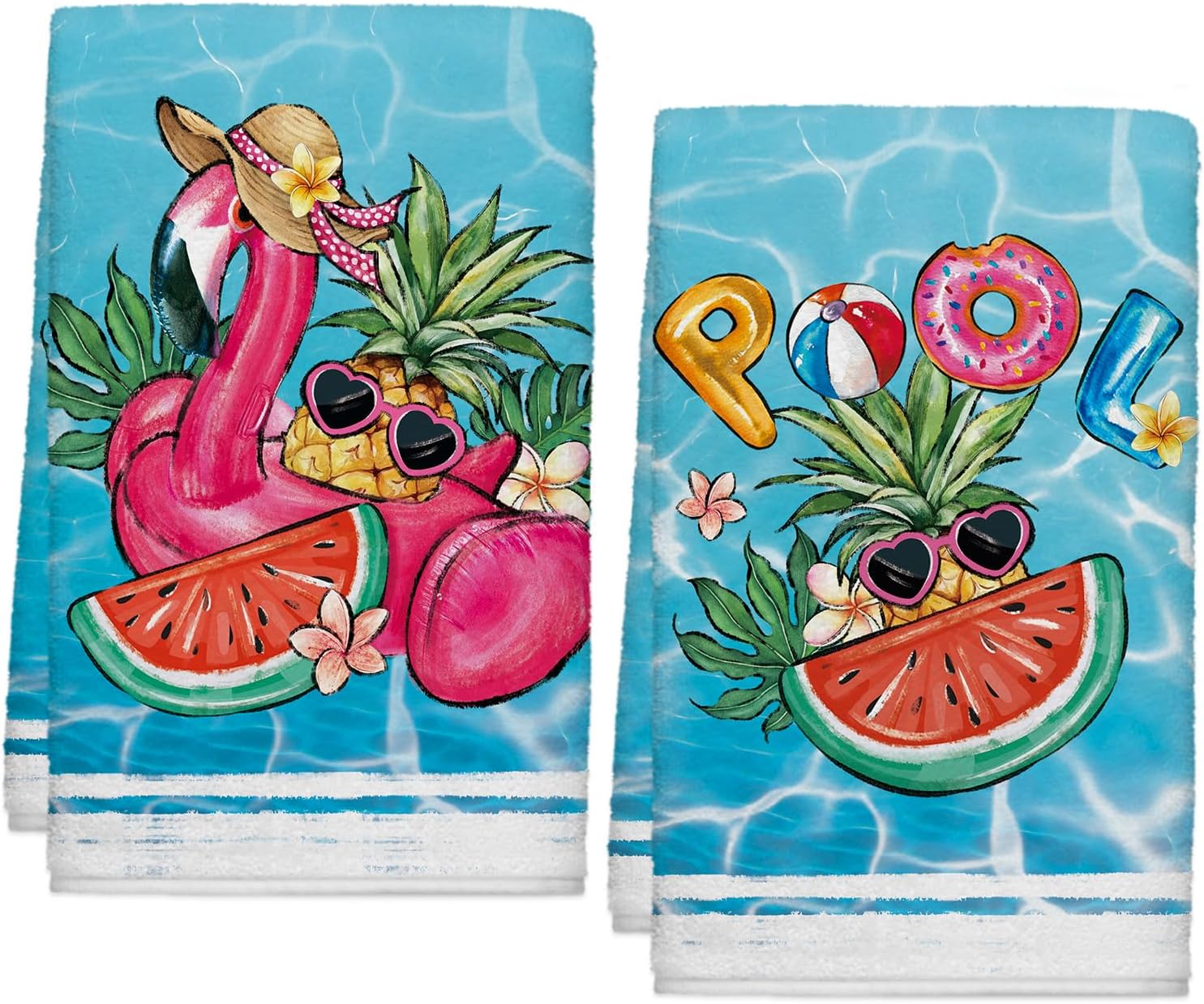 Summer Pool Flamingo Kitchen Towels, Fun Float Beach Party Dish Towels Set of 2, Spring Tropical Flowers 18 x 26 Inch Hand Towel Quick Drying Dishcloth Decor for Kitchen Bathroom Home