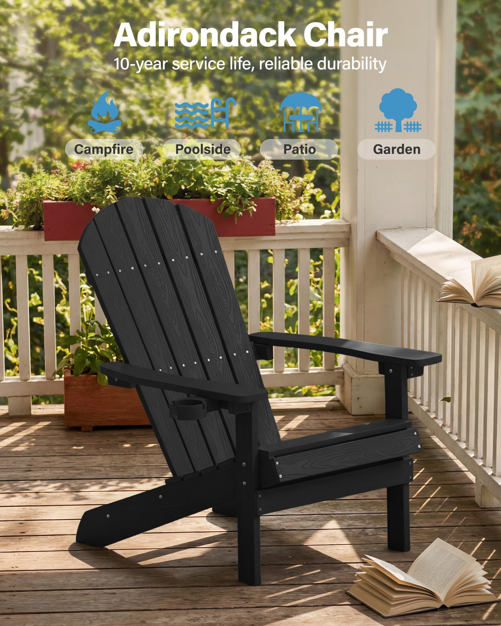 MXIMU Silla Adirondack para jardín al aire libre: respaldo ergonómico cómodo, sillas duraderas con portavasos, sillas Adirondack para todo tipo de clima para patio, hoguera, camping, piscina, banco