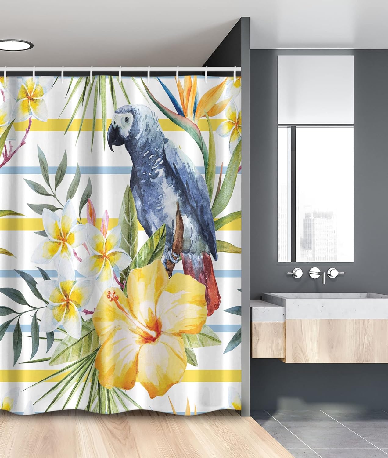 Ambesonne Parrot Stall Shower Curtain, Tropic Pattern Bird Orchids and Hibiscus Flowers Hawaiian Jungle Style, Fabric Bathroom Decor Set with Hooks, 54" W x 78" L, Soft Blue Apricot Yellow