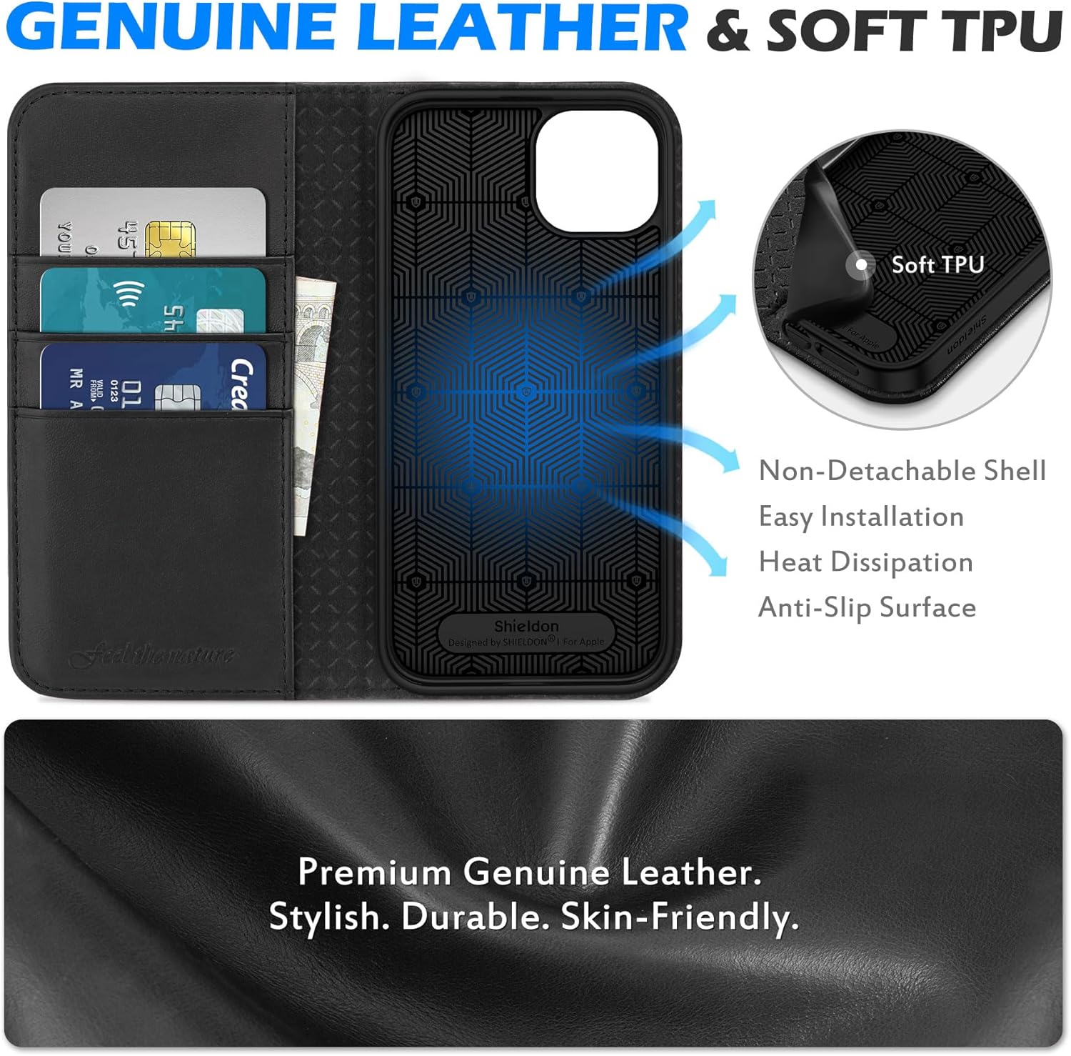 SHIELDON Wallet Case for iPhone 15 Plus 5G 2023, Genuine Leather RFID Blocking Credit Card Holder Folio Magnetic Kickstand Shock-Absorbent Protective Case Compatible with iPhone 15 Plus 6.7" - Black