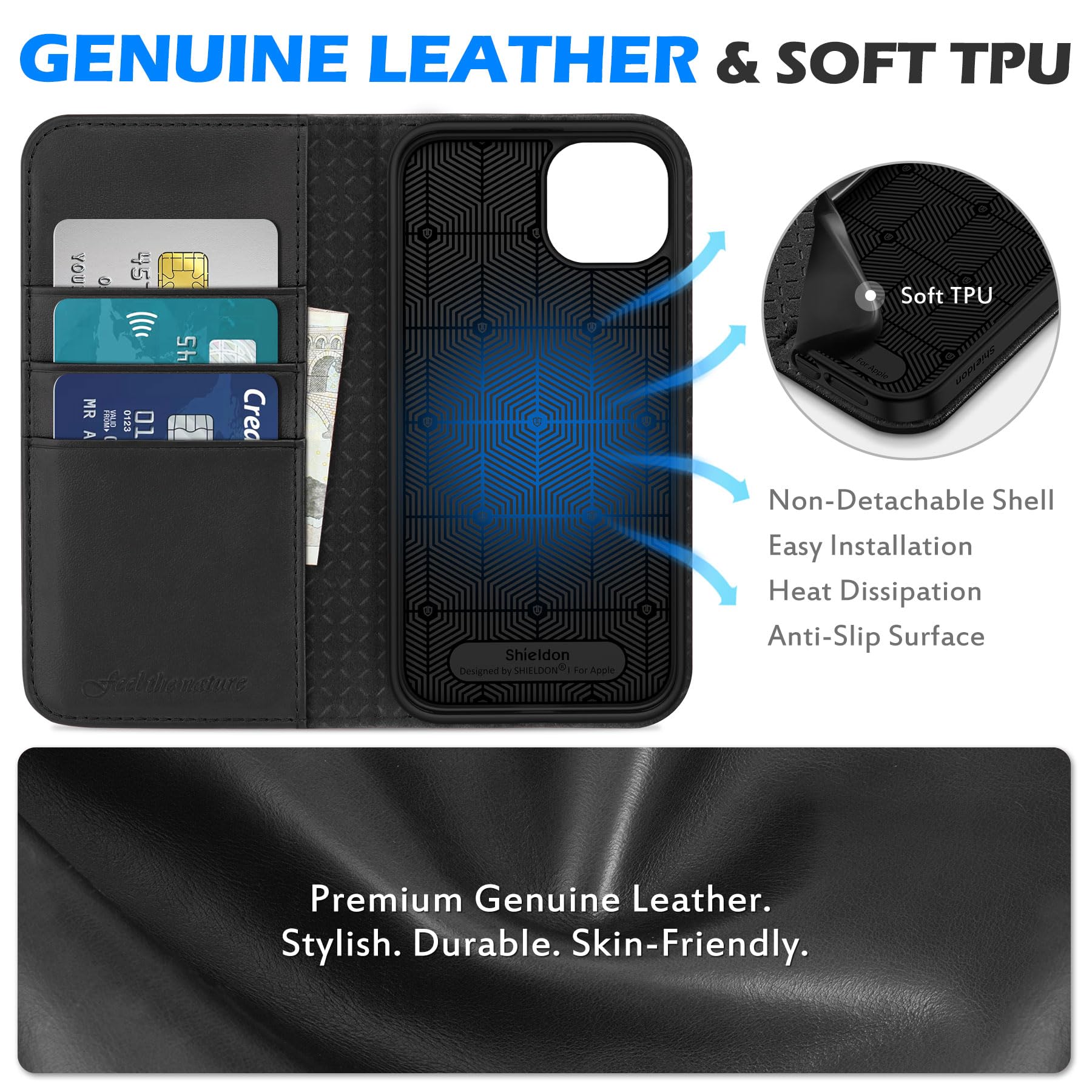 SHIELDON Etui do iPhone 15 Plus, Portfel z prawdziwej skóry z [podpórką] [gniazda na karty] [blokowanie RFID] odporne na wstrząsy etui z klapką Folio kompatybilne z iPhonem 15 Plus - Czarne | Blokada RFID, składany stojak, gniazdo na karty, zamknięcie mag