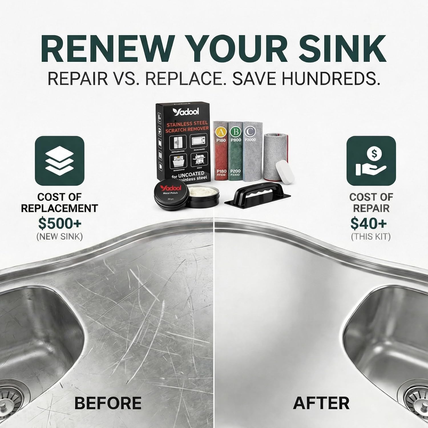 Stainless Steel Scratch Remover Kit for Sink Scratch Repair & Polish, Non-Coated Stainless Steel Only, Reduces Scratches, Scuffs & Rust, Restores Brushed Finish