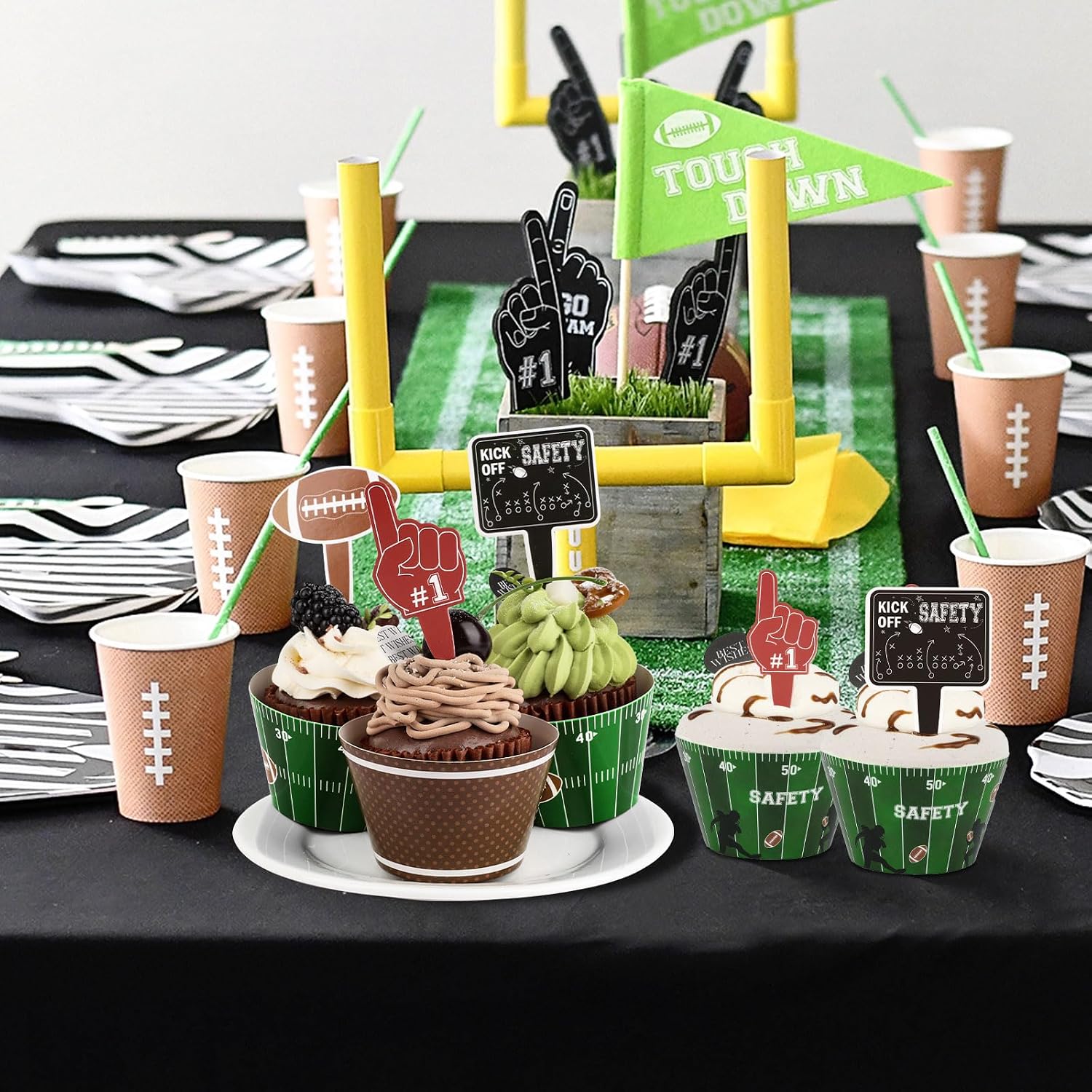 Hooqict 48 Pack Football Cupcake Toppers and Wrappers Football Cupcake Decorations Game Day Party Supplies Cupcake Picks for Sports Theme Birthday Party Decorations