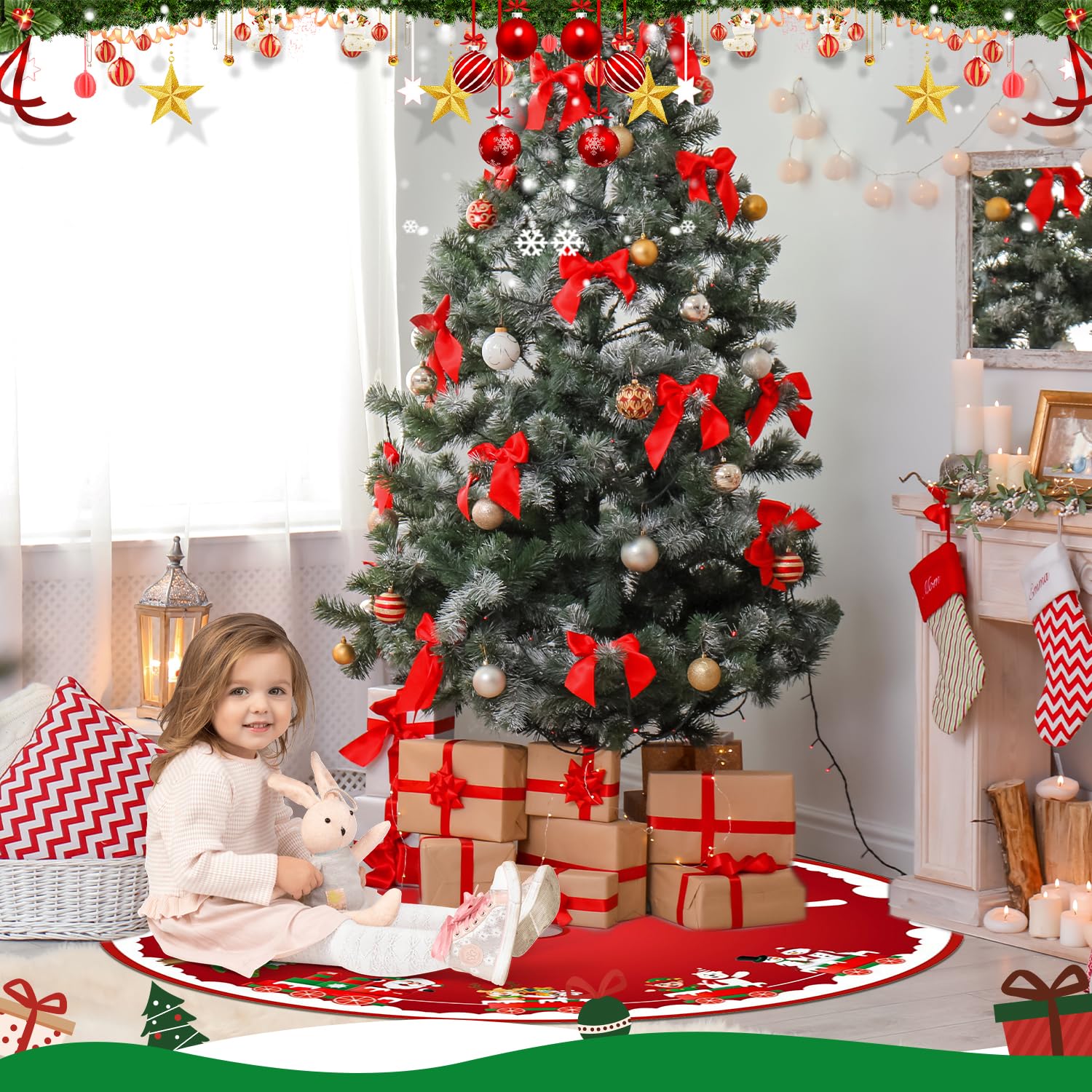 Weihnachtsbaumdecke 120cm Rot - Kariert Mit Schneeflocken Für Weihnachtsdekoration