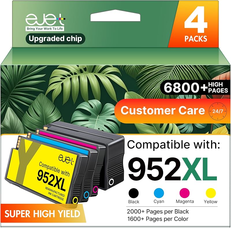 ejet compatible con cartuchos de tinta HP 952XL, paquete combinado, color negro, paquete de 4 | Tinta 952 de alto rendimiento para tinta HP 952XL, funciona con cartuchos de tinta de impresora HP 8710, uso con impresora 8720 7740 8720 8210 8715 8702