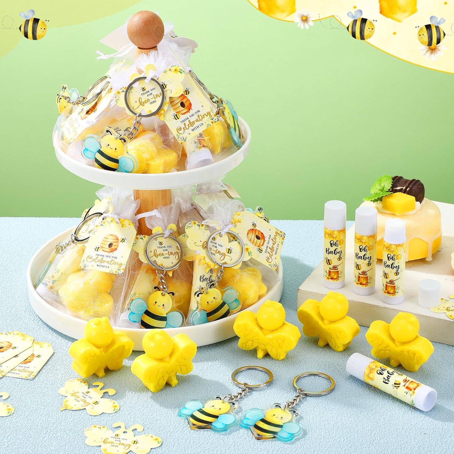 288 Baby Shower Favors Baby Shower Gifts Bulk Lip Balms Soaps Keychains Organza Bags Guest Appreciation Gift with Thank You Tags and Cards for Guest Gift(Yellow,Bee)