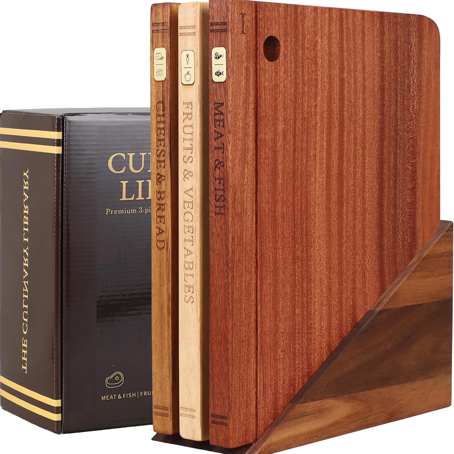 Book Cutting Board Set with Wood Stand, Wooden Cutting Boards for Kitchen,Knife Friendly Decorative Board that Look Like Books, Easy to Store & Clean,Unique Gift for Book Lovers & Home Cooks
