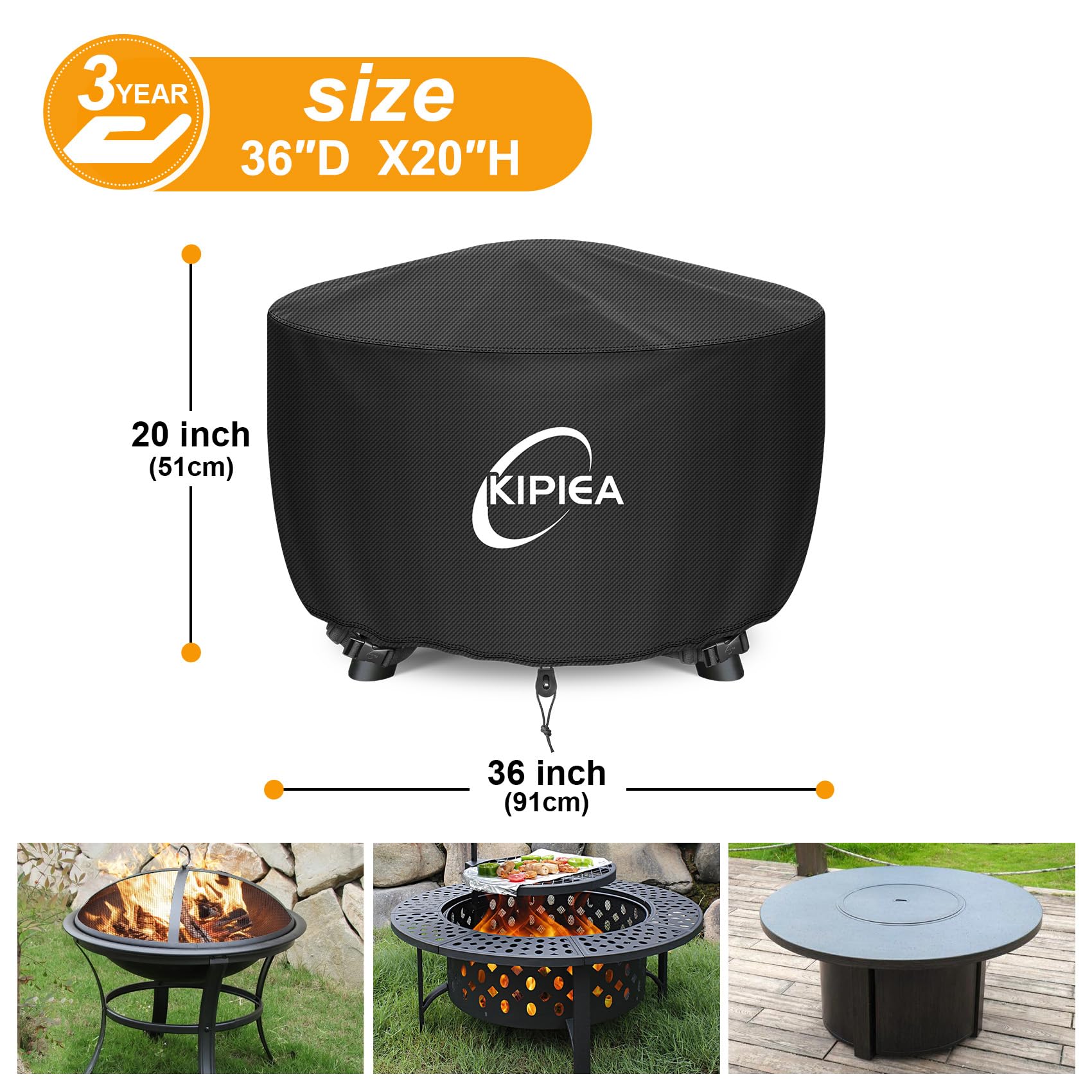 Kipiea Outdoor Fire Pit Covers Round Heavy Duty - 100% Waterproof Fabric with 4 Buckles for 22-36
