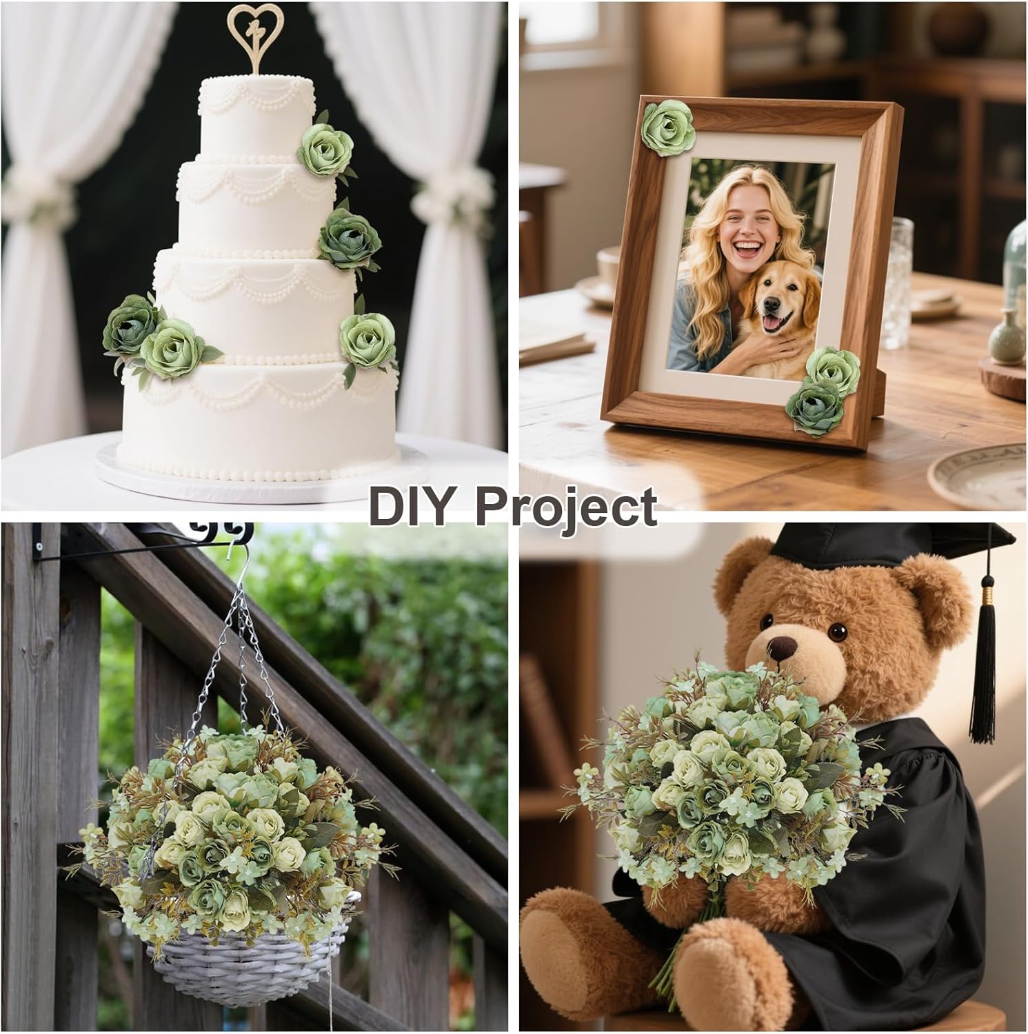 5 Stems 10 Heads Artificial Flowers Small Roses with Leaf Bouquet for Valentines Decoration Kitchen Wedding Office (2 Pack, Green) - Image 6