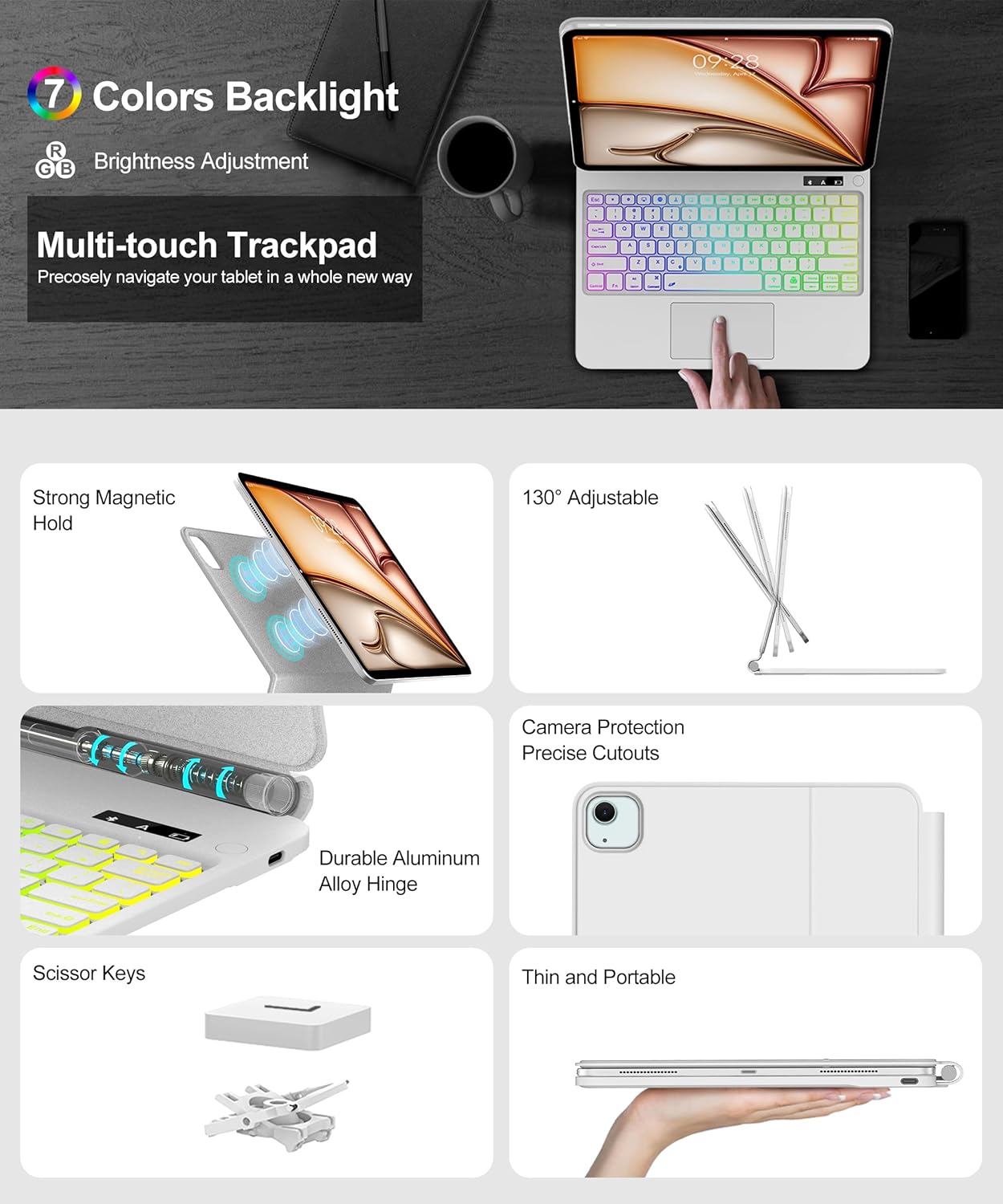 WINCHKING Magic Keyboard for iPad Air 13" (M2 2024/M3 2025/M4 2026) & iPad Pro 12.9" 3rd-6th Gen (2018-2022) - Slim Case with Multi-Touch Trackpad, Floating Stand & Backlit Keys - White