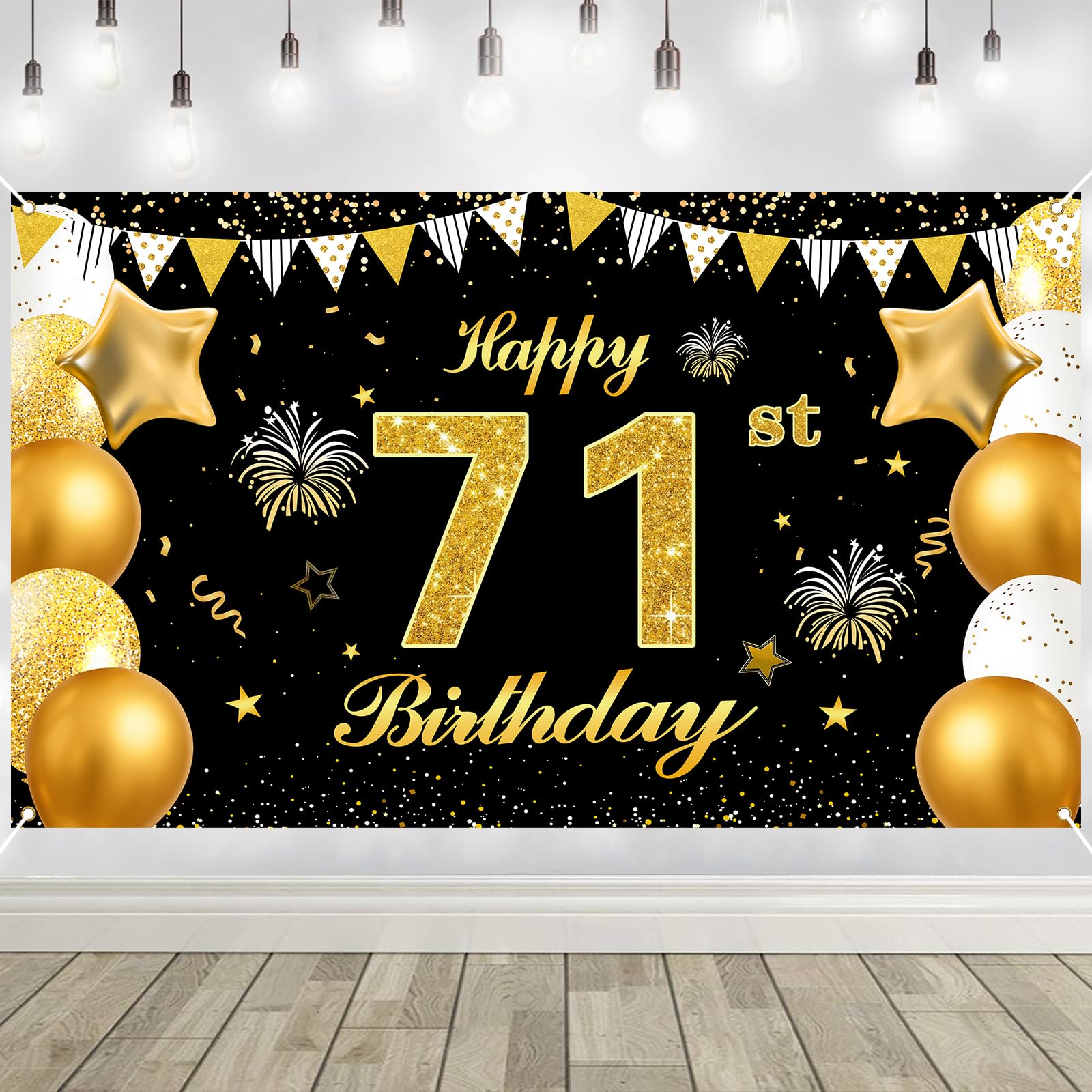 71st Birthday Decorations Banner Gold Black Happy Birthday Door Banner for Party Photo Backdrop for Men Women Home Outdoor Cover Party Decoration Supplies Poster