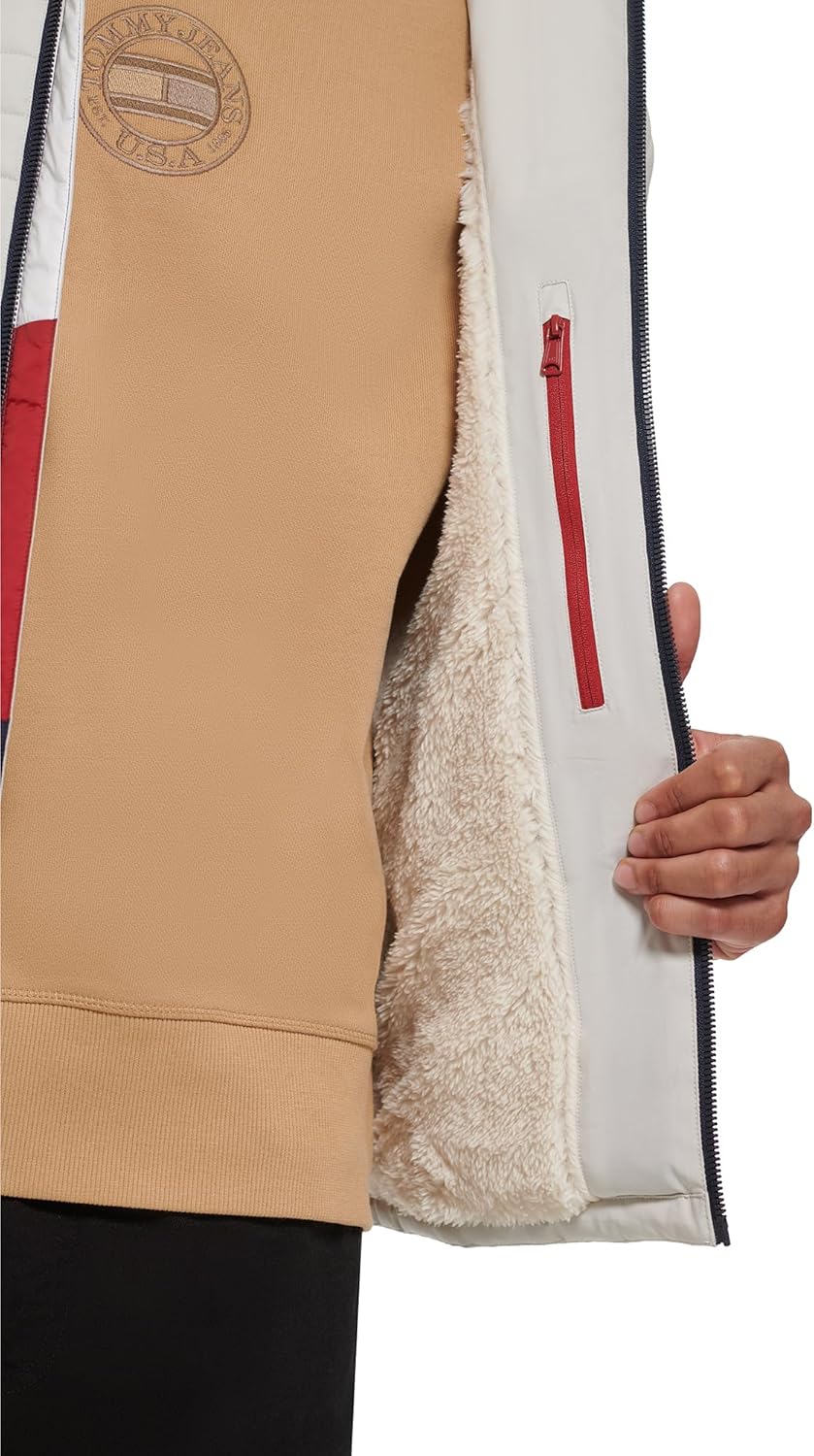 Tommy Hilfiger Mens Stretch Poly Hooded Packable Jacket With Sherpa Lining
