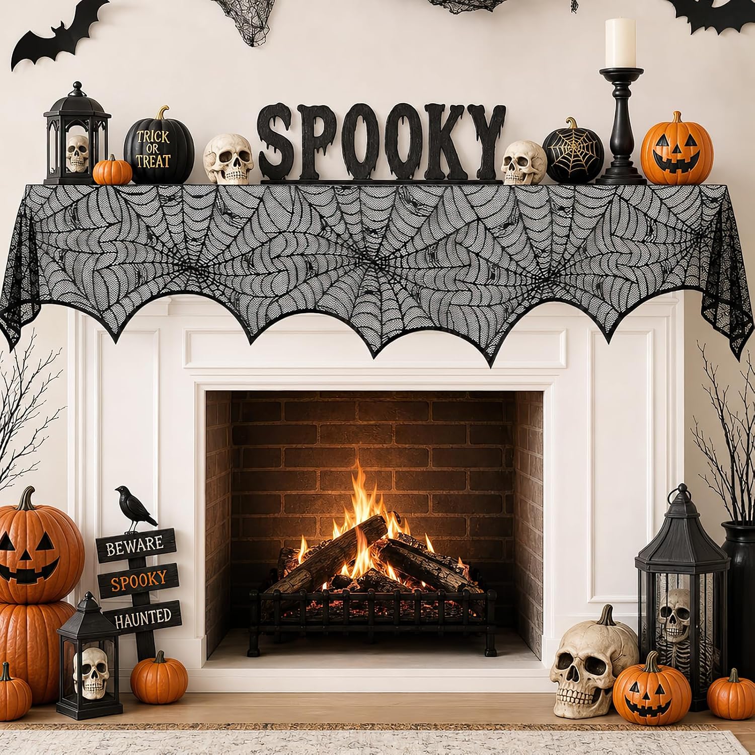 Halloween Mantel Scarf Black Lace Spiderweb for Fireplace Decor 18x96 inch