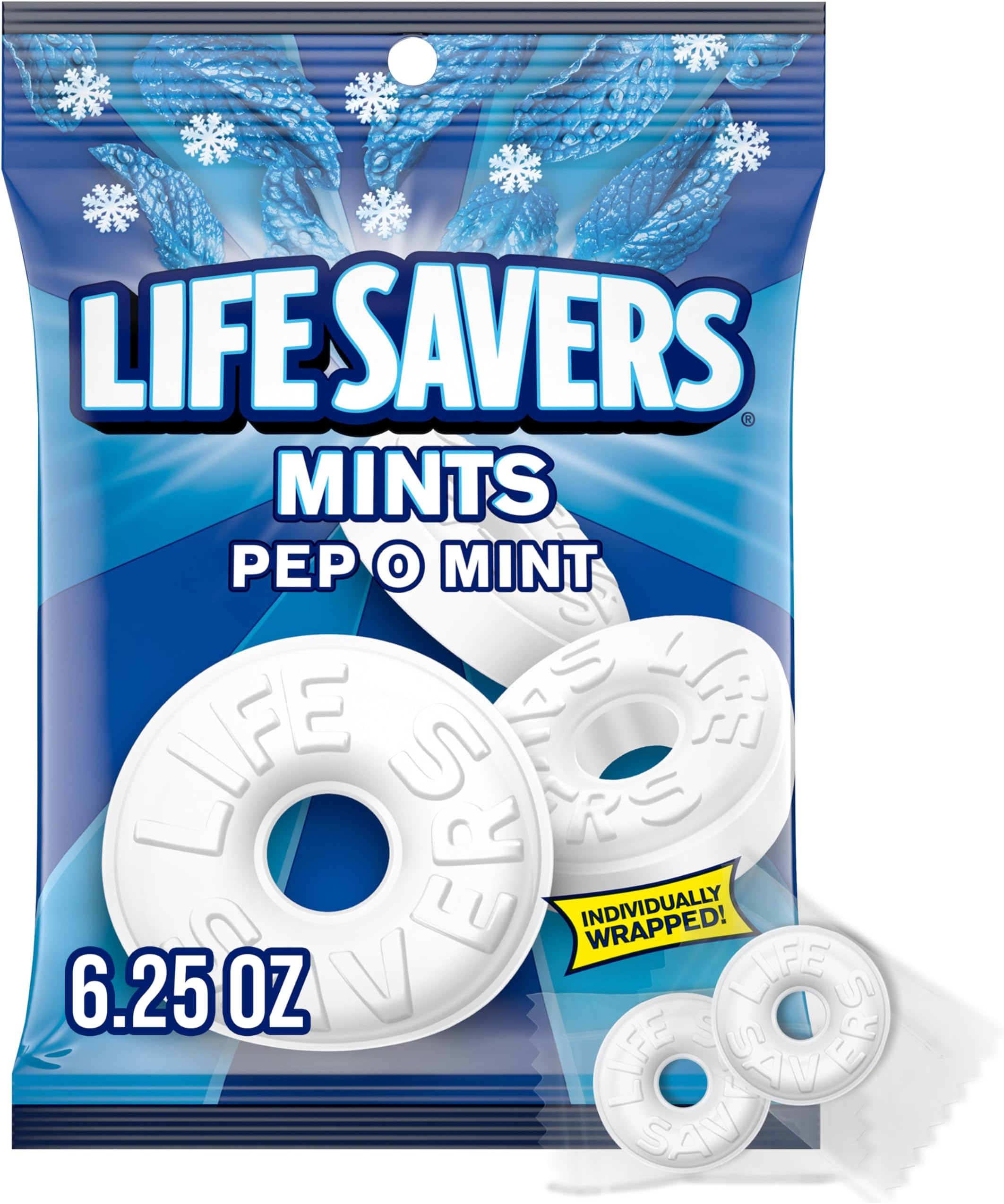 LIFE SAVERS Pep O Mint, Individually Wrapped Mints for Snacking, Sharing, Office Parties, and Pantry Stocking, 6.25 oz (12 Hard Candy Bags)
