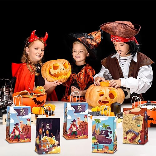 Miniatura 6 de ZOIIWA 12 bolsas de papel desechables para fiesta del tesoro pirata, con asas, mapa del tesoro, bolsas de recuerdo de fiesta para fiesta de