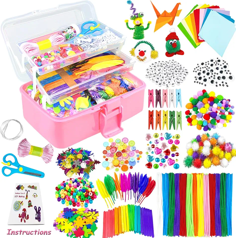 3000 peças de suprimentos de artes e artesanato para crianças, kits de artesanato DIY, materiais de arte, conjunto de artesanato infantil com limpadores de cachimbos, caixa de artesanato pré-escolar