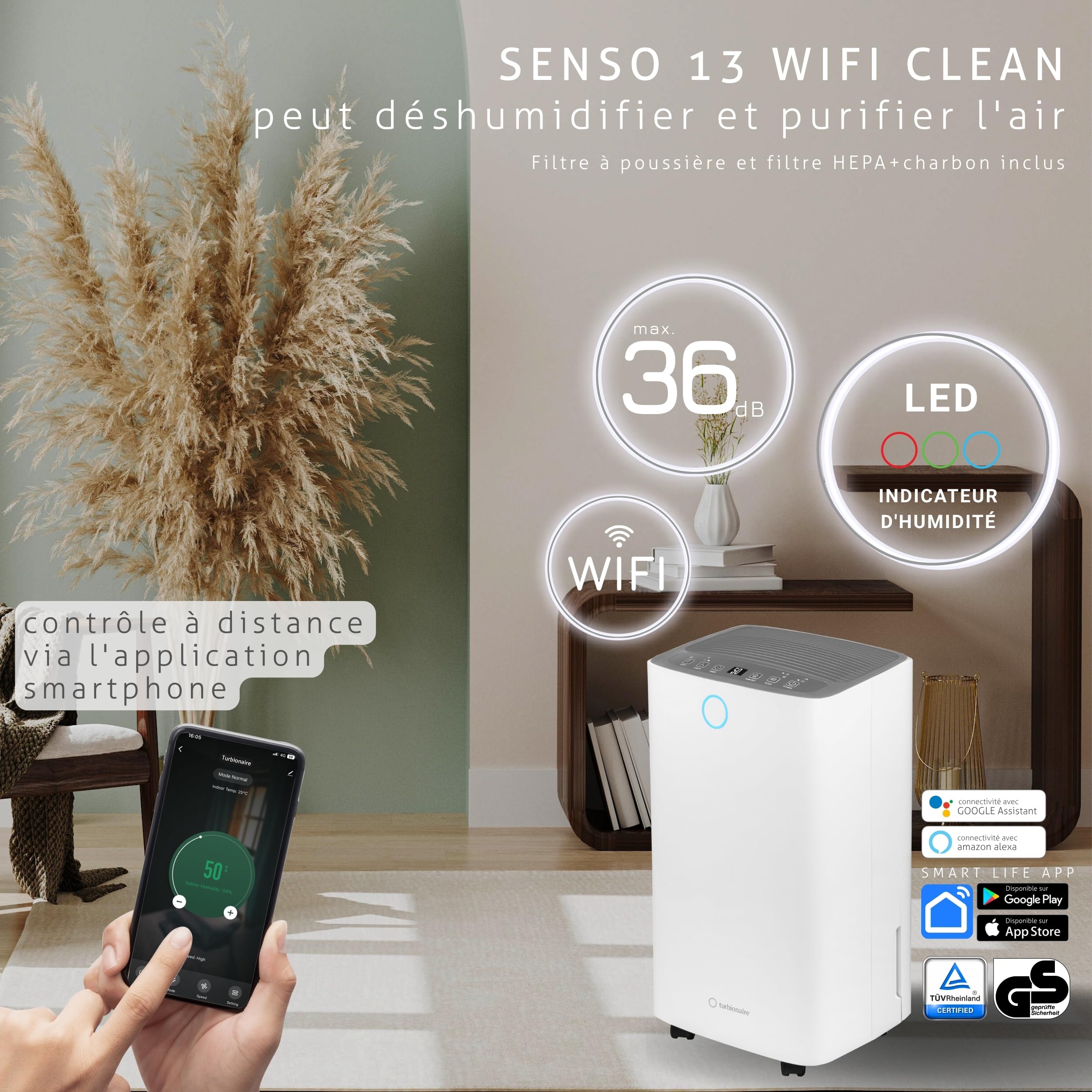 Turbionaire Senso 13 WiFi – Déshumidificateur et Purificateur d’Air 2-en-1, 13 L/Jour, WiFi, HEPA + Charbon Actif, Silencieux, Jusqu’à 30 m², Séchage Vêtements, Anti-Moisissure, Anti-Condensation