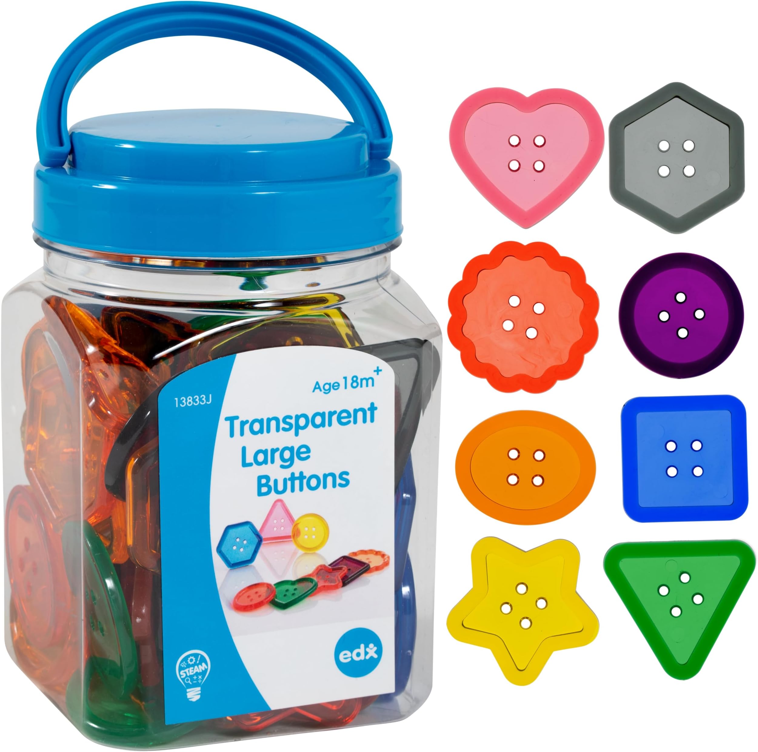 edxeducation Transparent Large Buttons | Mini Jar | Light Table Accessories | For Ages 18m+ | Sensory and Fine Motor Skill Development