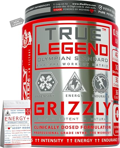 Grizzly Nutrition True Legend Olympian Grade Pre Workout Powder, Energy, Focus &amp; Muscle Pump with L-Citrulline, Beta Alani...