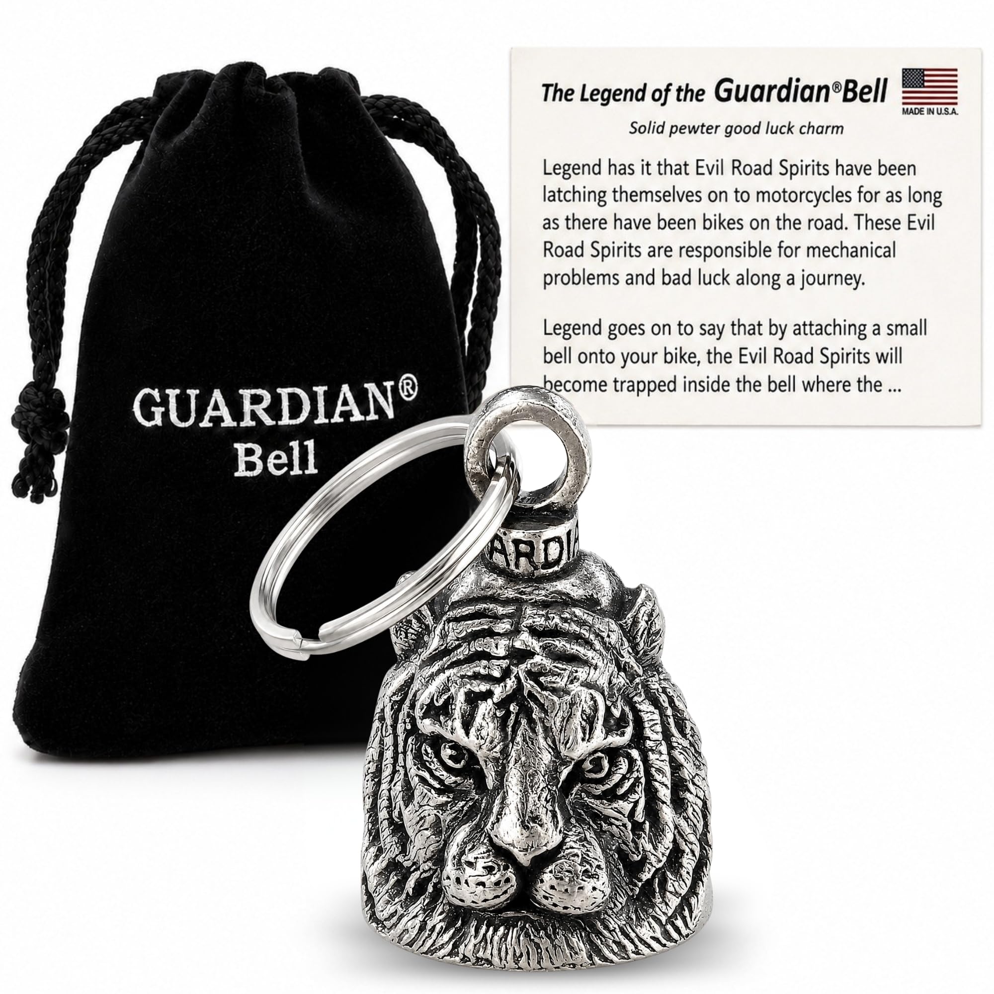 Guardian Bell Animals Good Luck Bell w/Keyring &amp; Black Velvet Gift Bag | Motorcycle Bell | Lead-Free Pewter | Made in USA