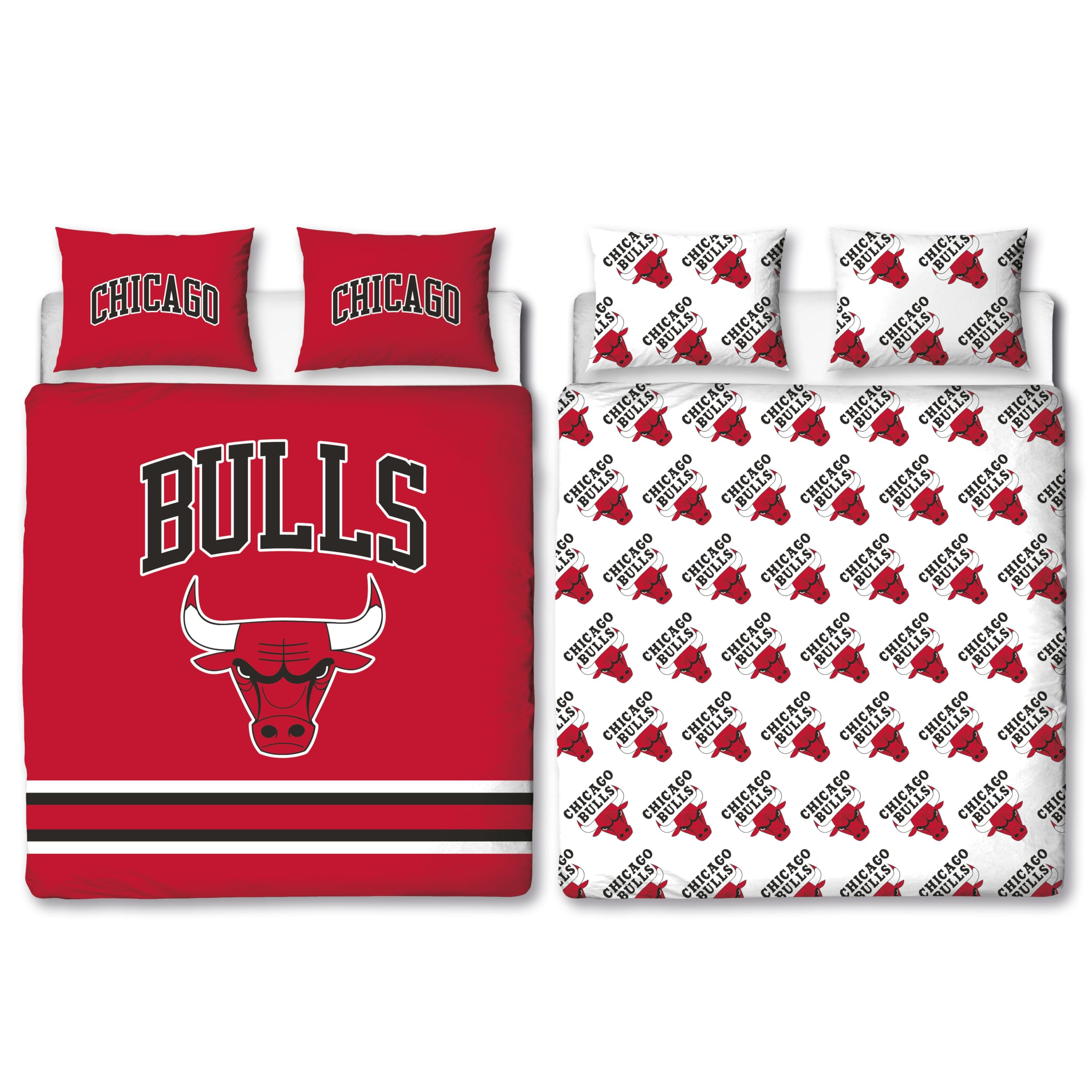 NBA Official Double Duvet Cover Set, Chicago Bulls Design | Reversible 2 Sided Red Bedding Cover Official Basketball Merchandise Including Matching Pillow Cases | Double Bed Set | Polycotton