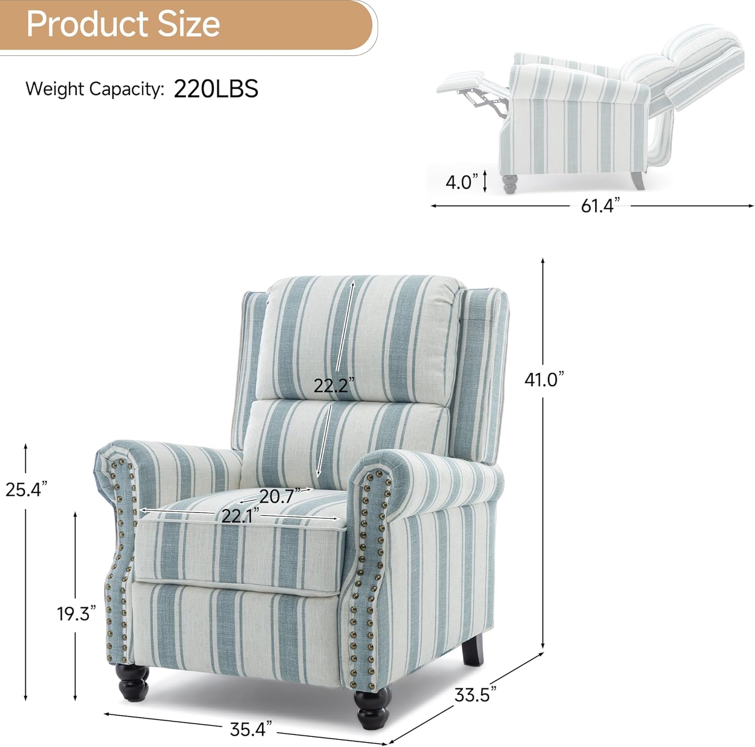 Pushback Recliner Chair, Striped Fabric Wingback Recliner Chair, Upholstered Push Back Armchair Recliner, Single Sofa with Trim Wood Legs for Living Room (Blue)