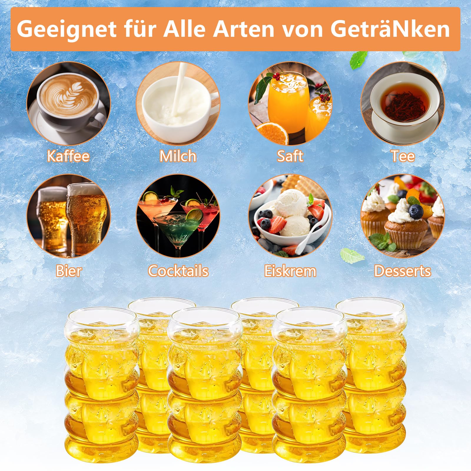 6 Stück Bubble Gläser 450ml Gerippte Trinkgläser, Kaffee Gläser mit Glasstrohhalme, Eiskaffeegläser mit Pinsel, Bubble Glas, Kaffeegläser, Bubblegläser Geriffelt für Wasser Trink Saft