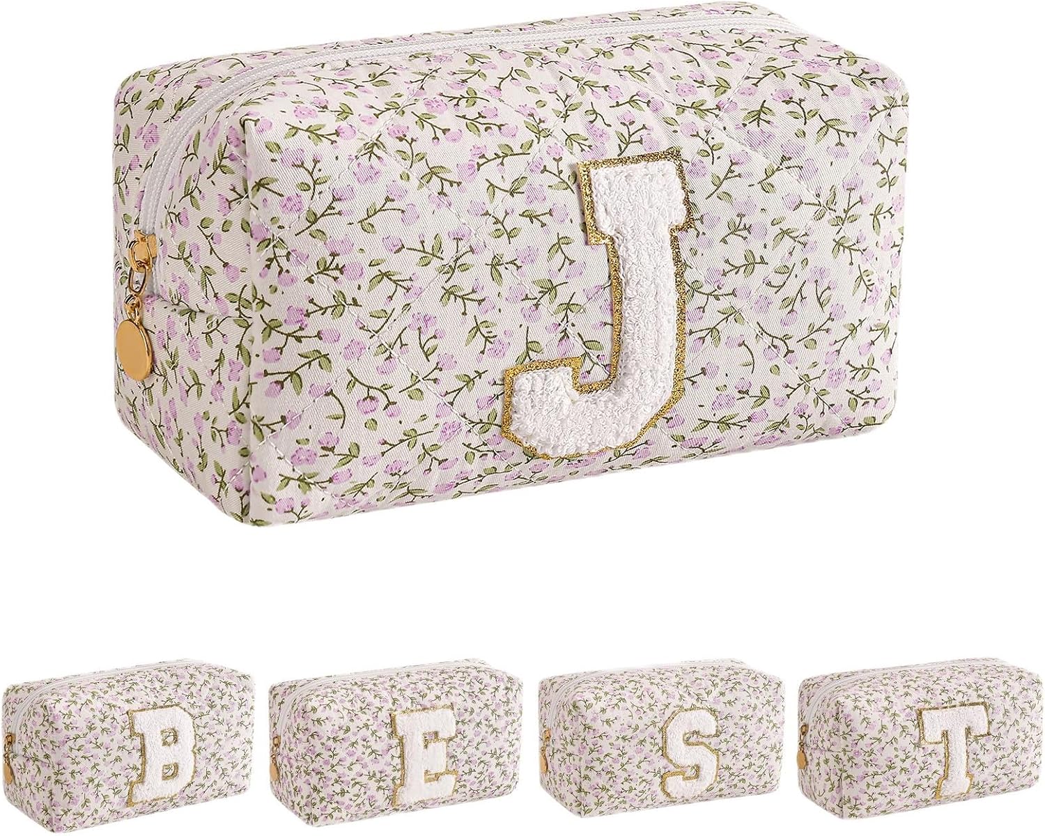 Alphabet Makeup Bag Cosmetic Bag for Women, Gifts for Girls Age 11-18, Personalized Floral Coquette Travel Bag, Trendy Stuff Zipper Make Up Pouch Organizer Bag (Purple Floral ZJ)