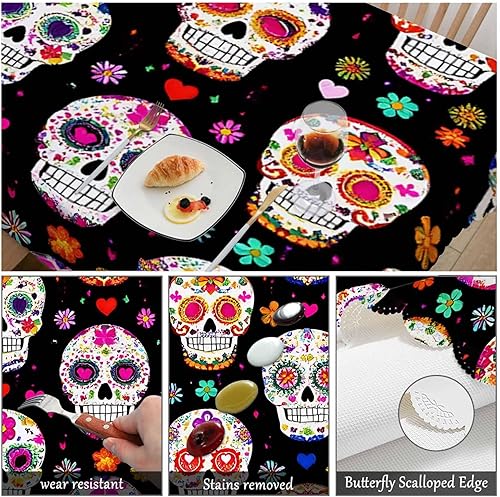Miniatura 6 de Swono Mantel del Día de los Muertos, Coloridas Calaveras Mexicanas de Azúcar de 50 x 72 pulgadas, mantel para mesas rectangulares, bufé, fiestas,