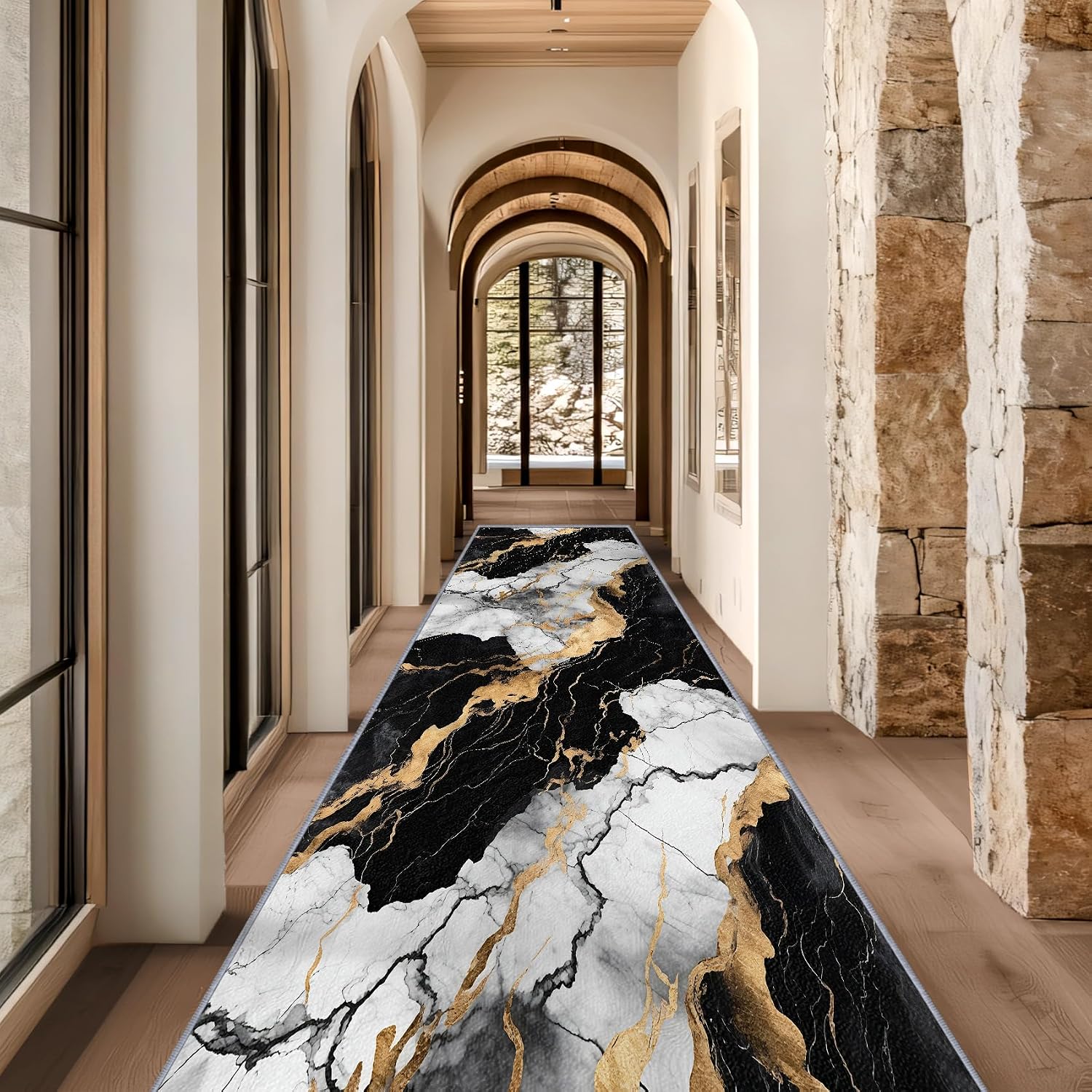 Marble Runner Rug, 2x6ft, Black White and Gold Runners for Hallways, Abstract Modern Luxury Runner Rug Non Slip Soft Home Decor