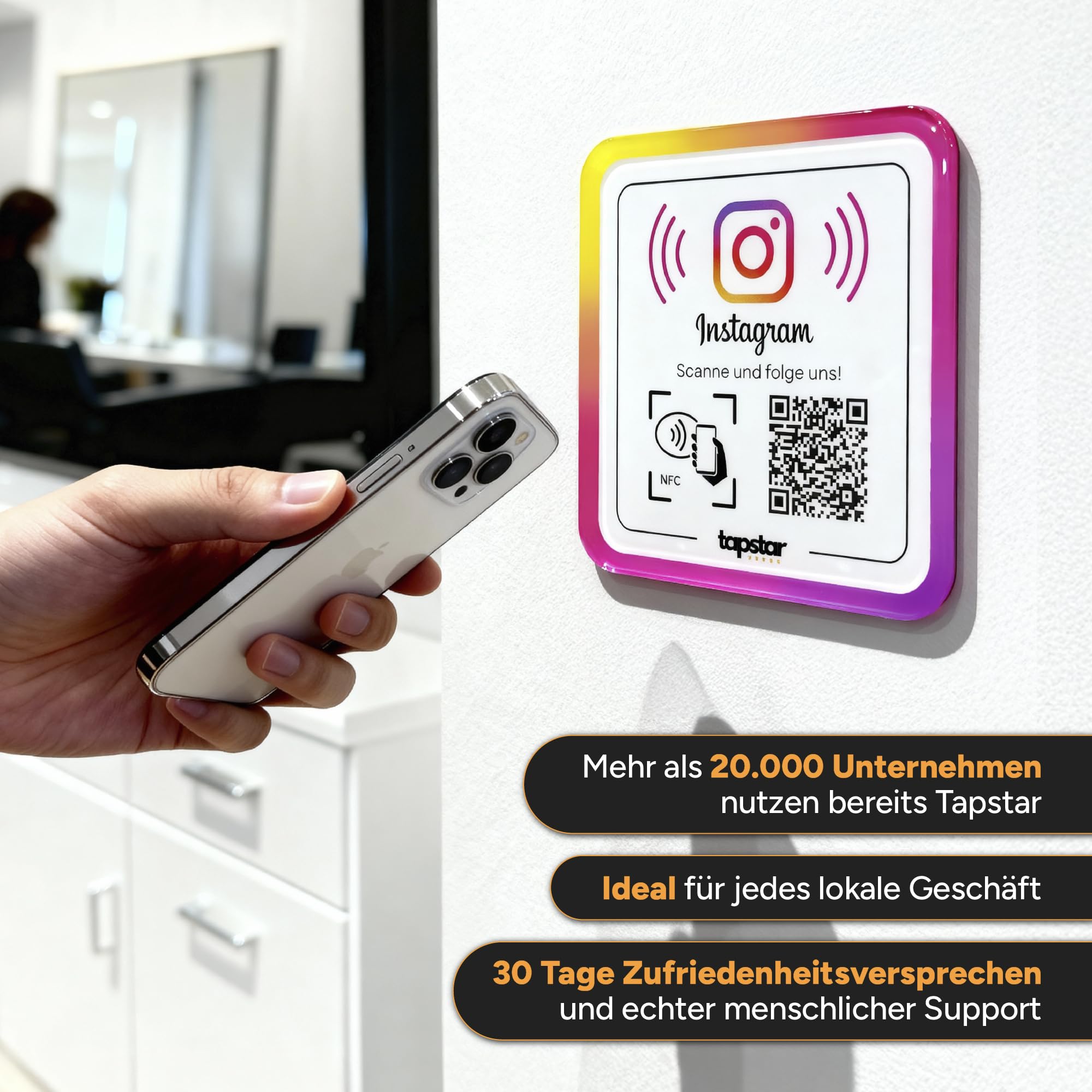 Tapstar Instagram Aufsteller mit NFC & QR-Code – Acryl Bewertungsaufsteller für Follower – Kompatibel mit iPhone & Android