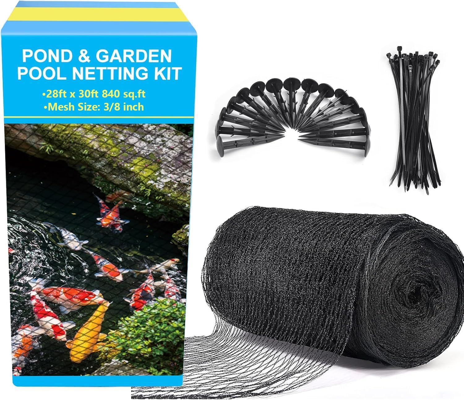 Pond Netting, 28 x 30FT Pond Net for Koi Ponds, Garden Pool Fine Mesh Pond Netting Cover for Leaves, Protects Koi Fish from Birds Cats Predators, with 14 Stakes and 30 Cable Zip Ties