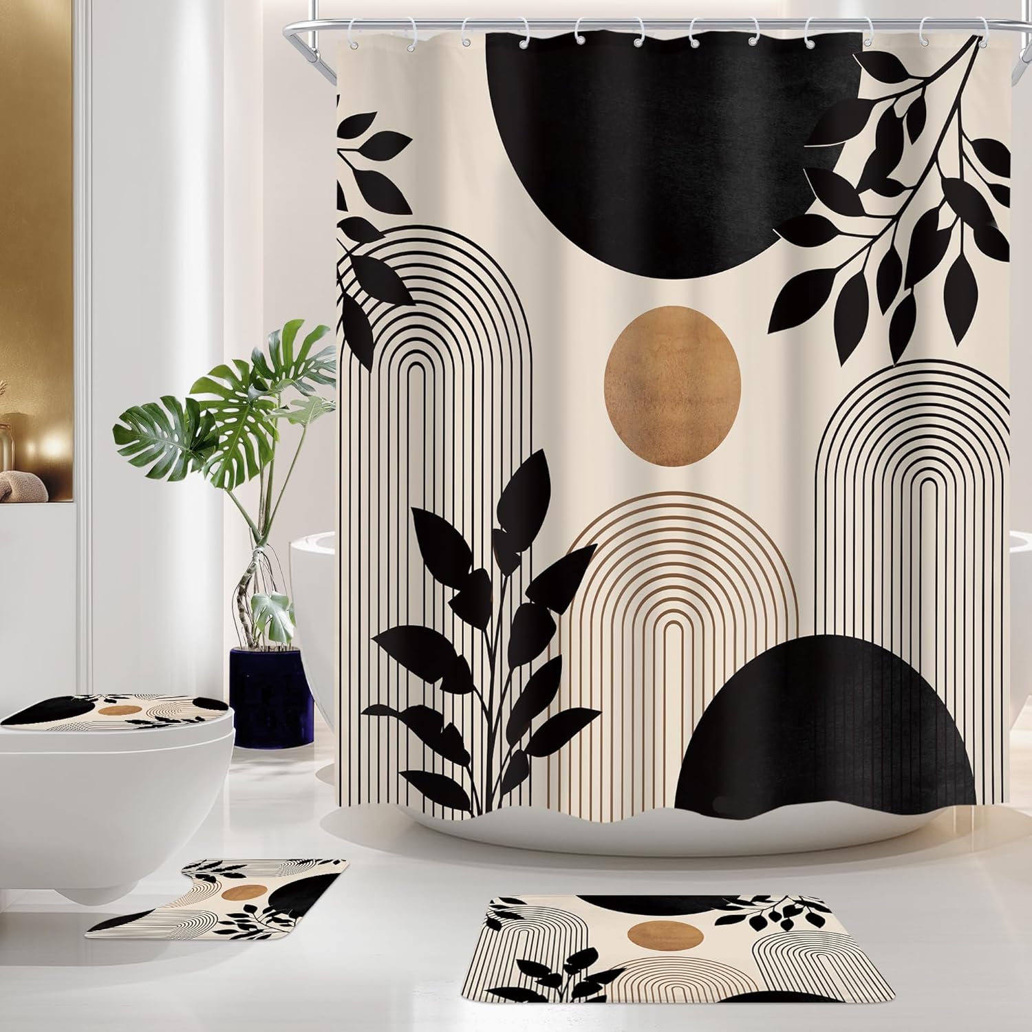 Cinbloo 4Pcs Green Boho Shower Curtain Set, Modern Abstract Mid Century Tropical Bathroom Curtain with Rug, Toilet Lid Cover, Bath Mat, Monstera Gold Palm Leaf Neutral Shower Curtain with 12 Hooks