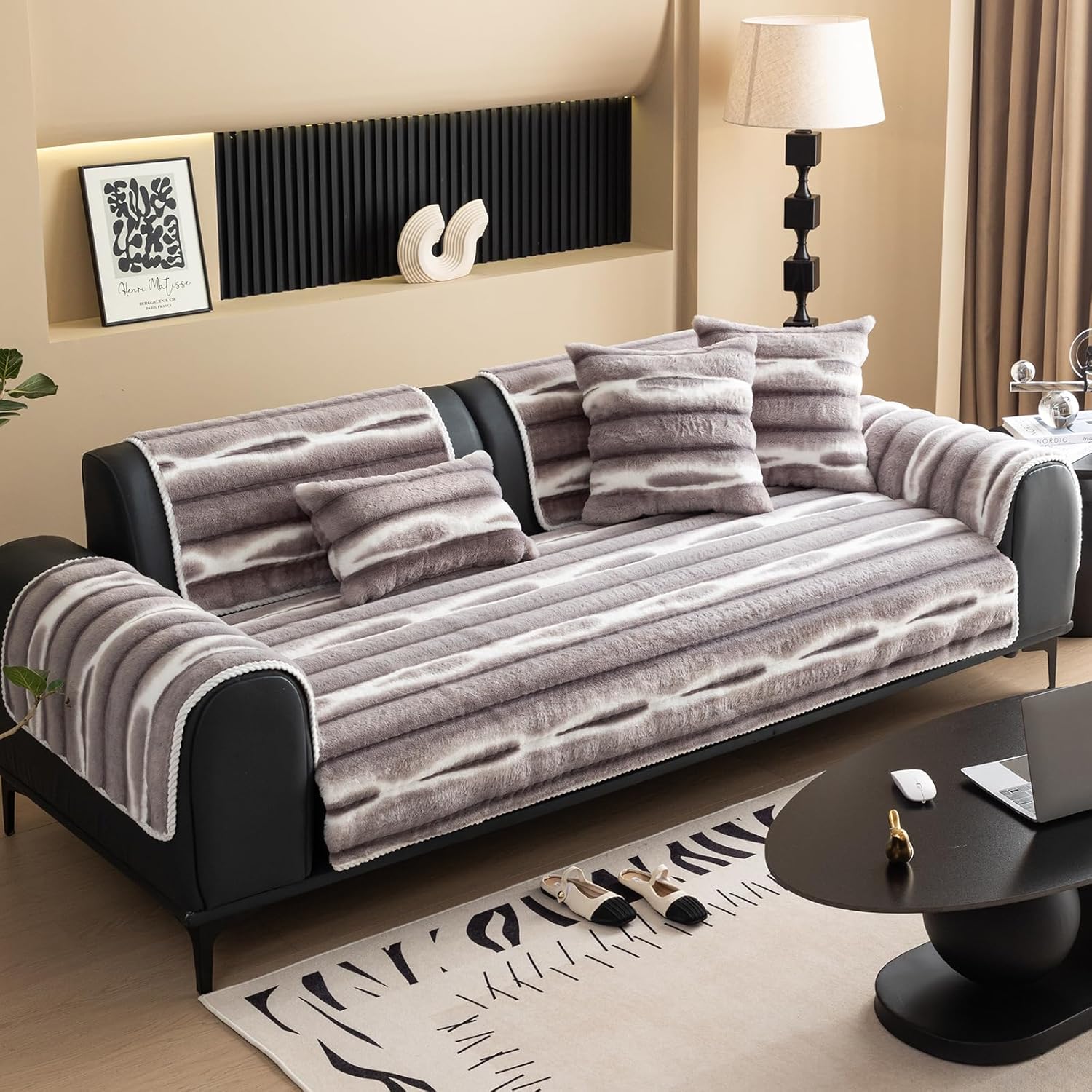 vctops Soft Faux Rabbit Fur Fleece Sofa Couch Covers Grey Stripe Fluffy Cozy Sectional Couch Cover Luxury Fuzzy Non Slip Sofa Slipcover Furniture Protector (Mid Grey,36"x94")