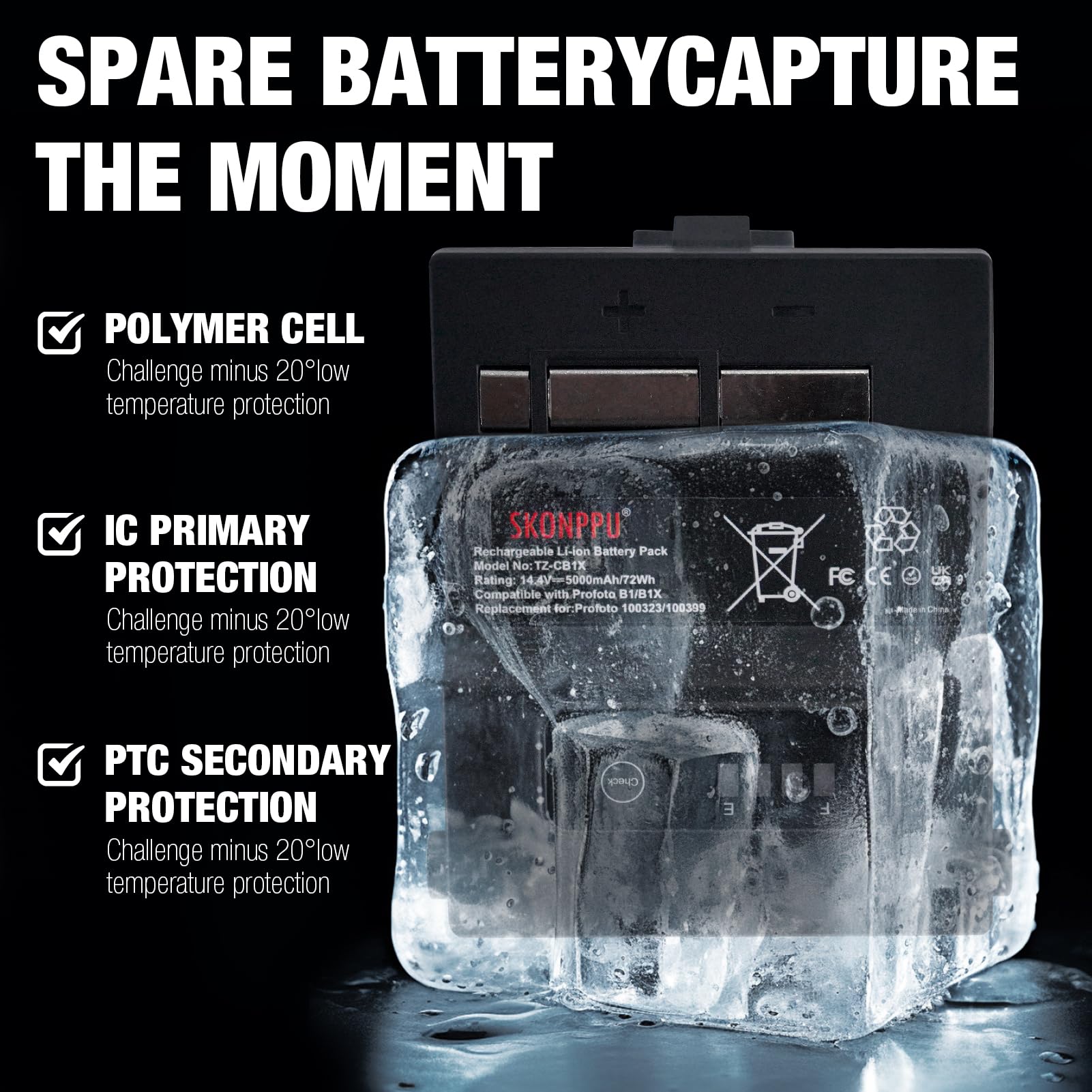 BATTIZ Batterie lithium-ion de rechange pour 100323/100399 Compatible avec les têtes de flash Profoto B1/B1X AirTTL 14,4 V 5000 mAh/72 Wh