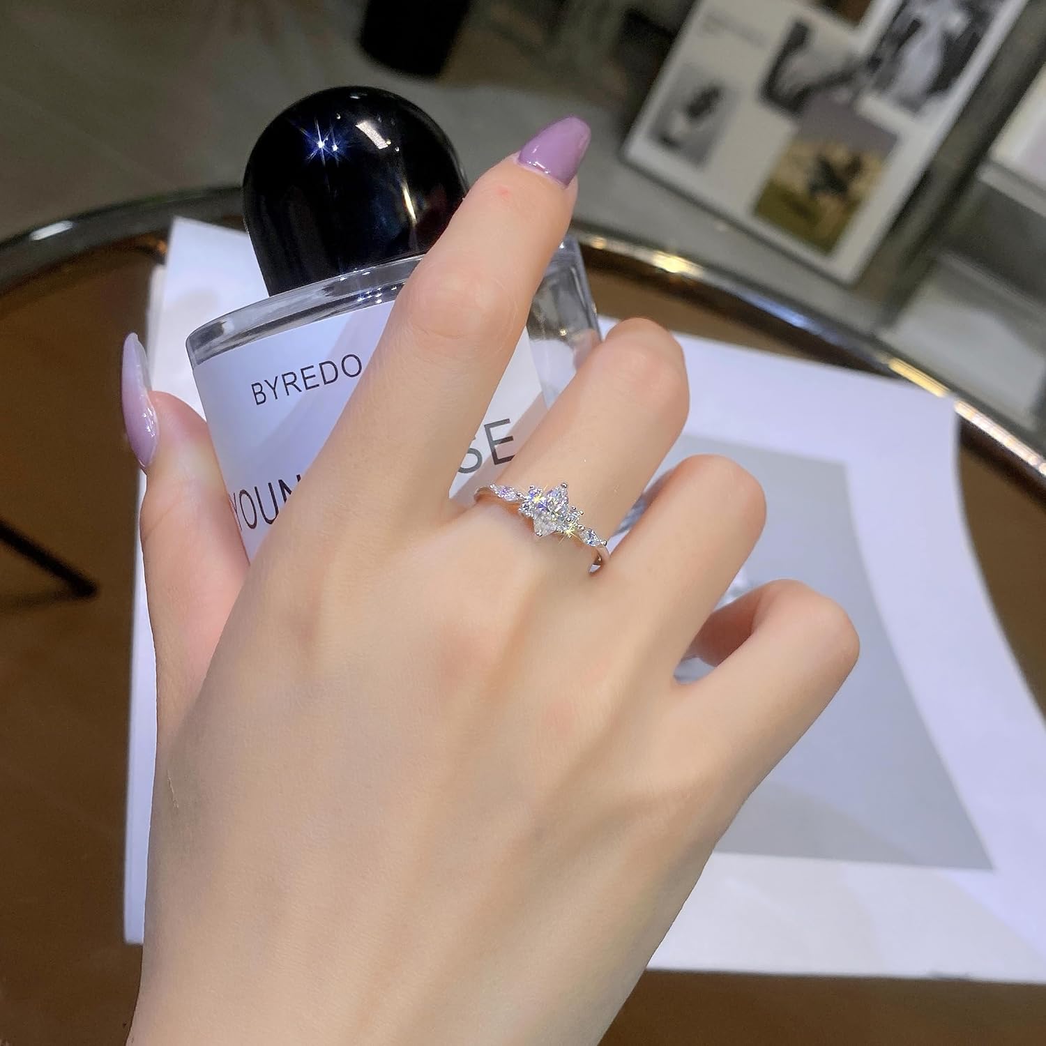 YSDD 1 Carat Marquise Cut Moissanite Engagement Ring with Side Stones, 925 Sterling Silver Plated 18K White Gold Ring for Women