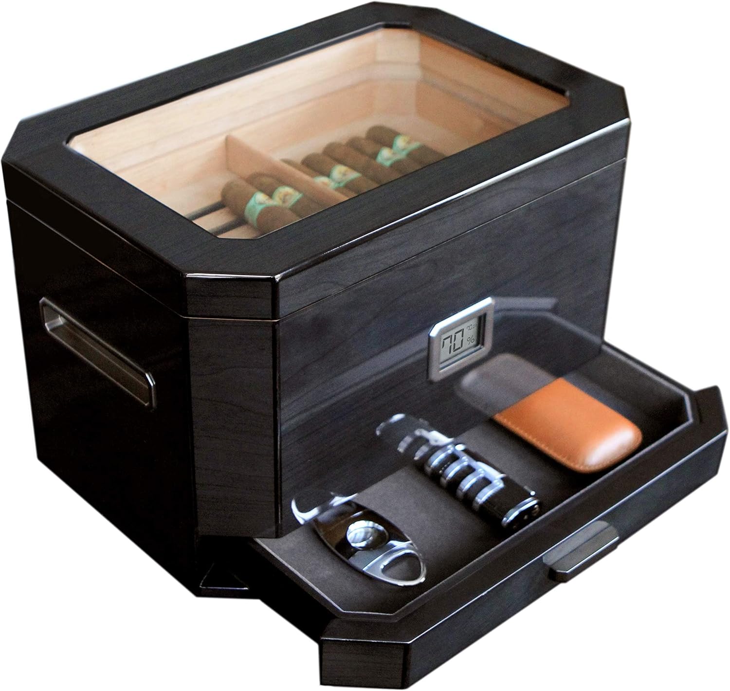 CASE ELEGANCE - Octodor Humidor with Cigar Lighter, Cutter, Ashtray, and Travel Cigar case Bundle