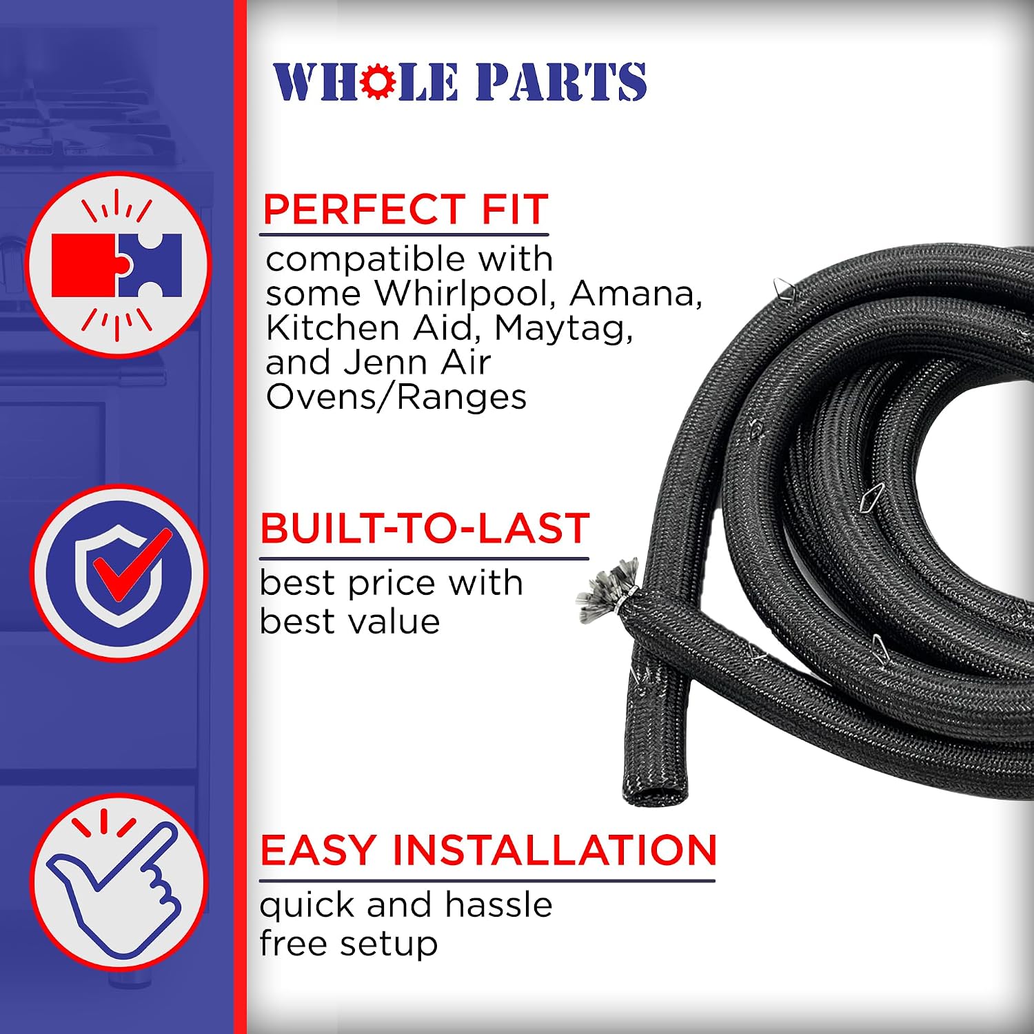 Upgraded Whole Parts Range Oven Door Seal Gasket (Including 25 Mounting Clips) Part# W11623080 - Replacement & Compatible with Some Whirlpool, Amana, Kitchen Aid, Maytag and Jenn Air Ranges or Ovens
