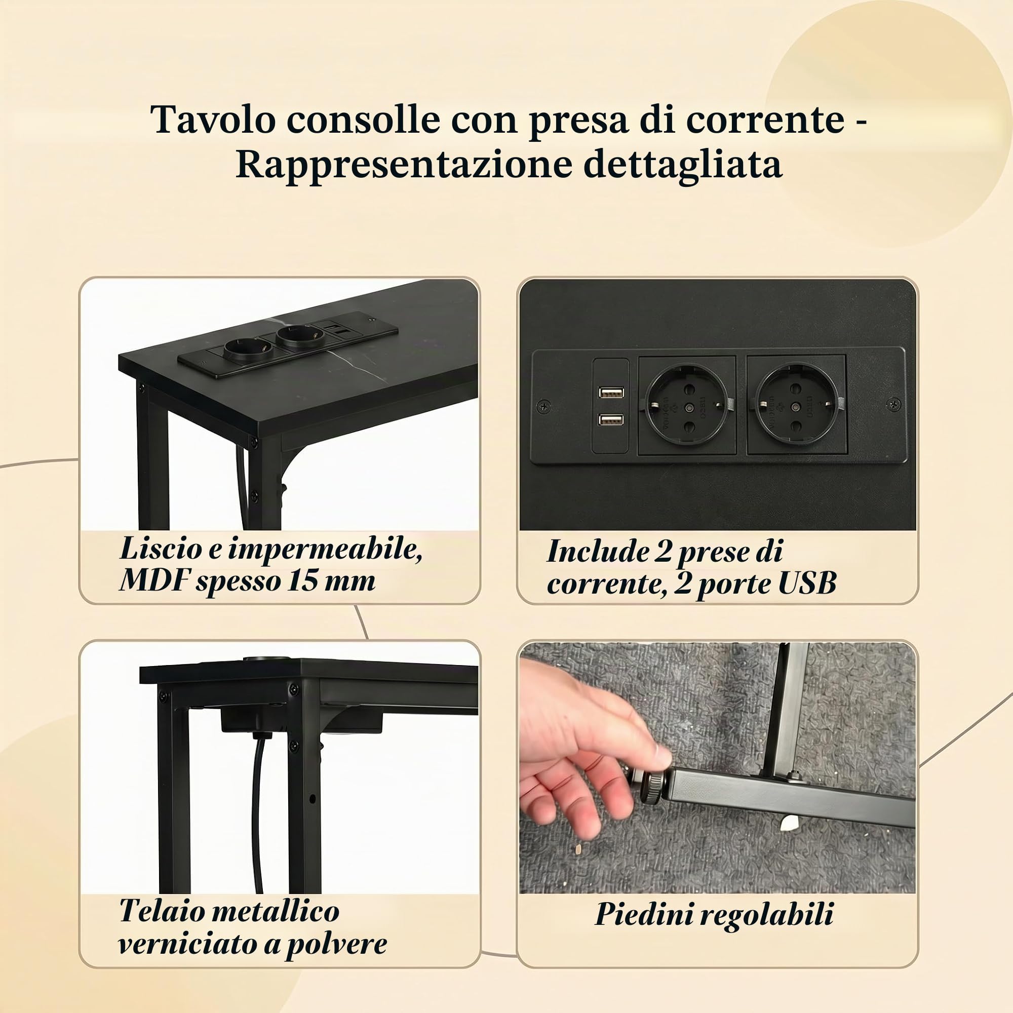Tavolo Consolle per Ingresso con Presa L 180 cm Effetto Marmo&Nero/1 Pezzo | Consolle Dietro Divano Tavolino Laterale per Corridoio Ingresso Veranda Balcone Soggiorno, Faux Marmo e Nero/180x20x80 cm