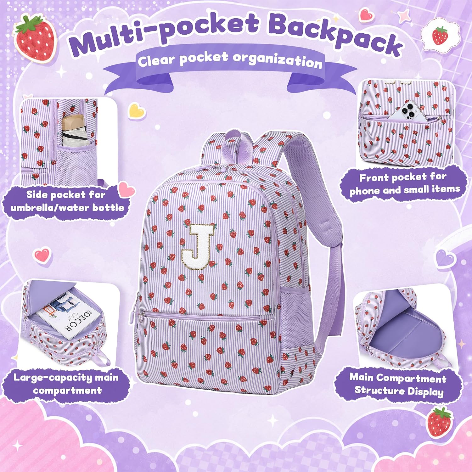 I IHAYNER Kids Backpack for School Travel & Daycare, Lightweight Preschool Elementary Backpack, Cute Pink Girl Bookbag with Initial, Personalized Gifts for Girls image 2