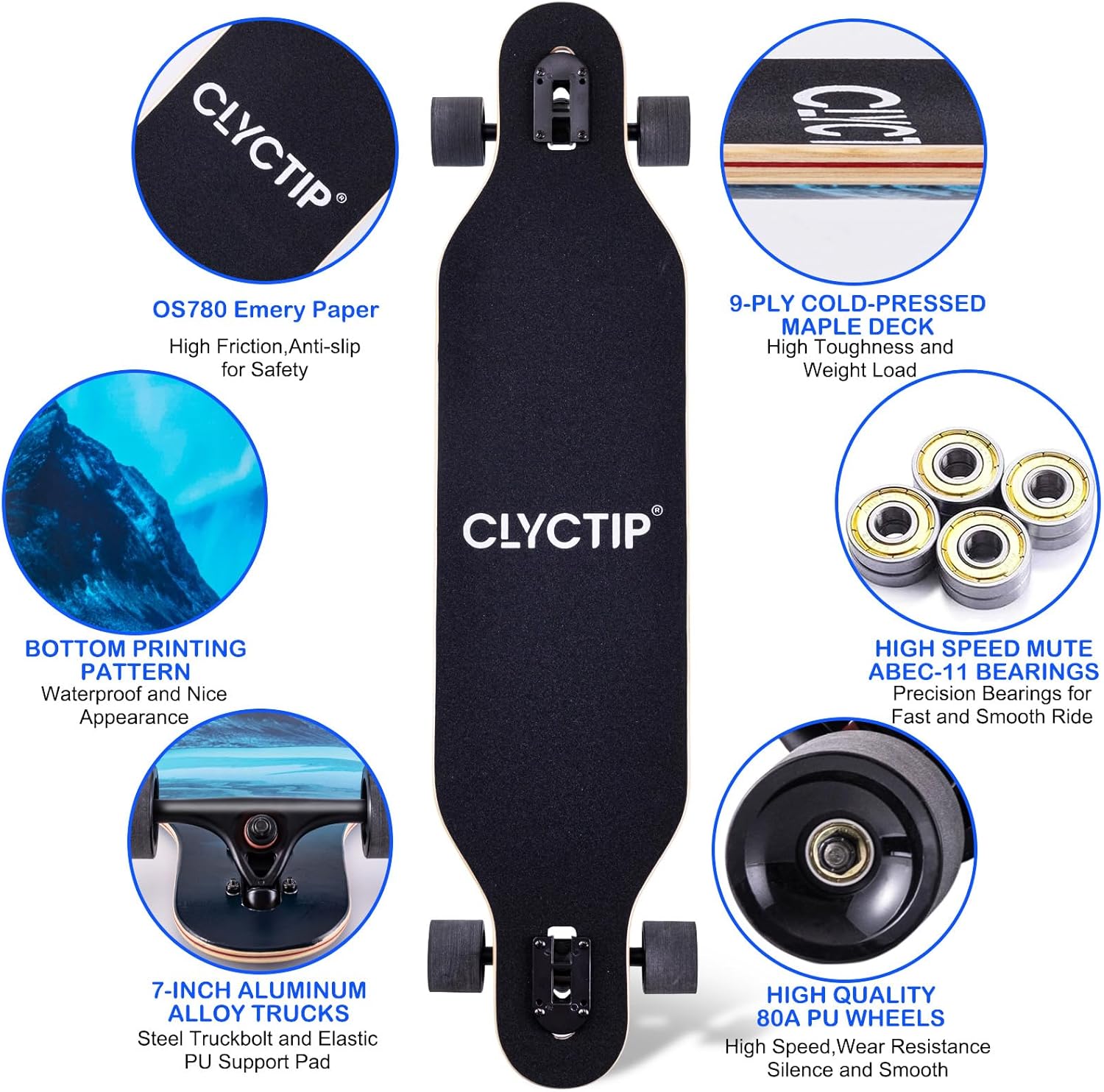 CLYCTIP 41 Inch Longboard Skateboard,9-Ply Maple,ABEC-11 Bearings,Complete Skateboard for Cruising, Carving, Downhill and Free-Style