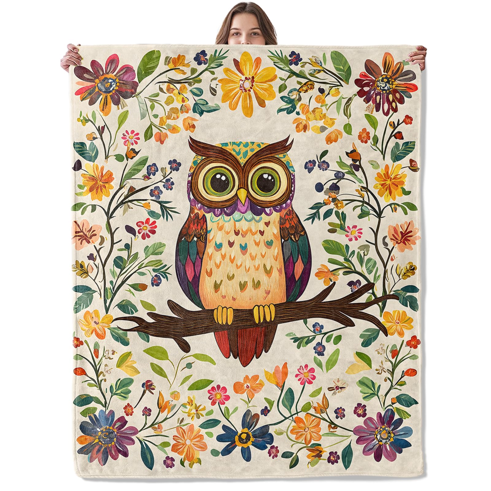Colorful Owl Blanket, Lightweight Comfy Whimsical Owl and Bright Flowers Blankets for Couch Sofa Bedroom, Soft Plush Travel Flannel Throw Blanket Gifts for Adults Kids Women, Home Decor 60×50in