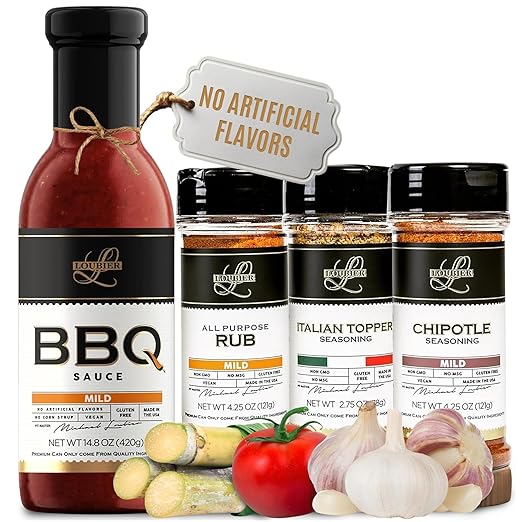 Loubier BBQ Sauce & Dry Rub Sampler Gift Box- Top-tier Barbecue Sauce Duo w/Italian Topper & Chipotle Seasoning, Natural & Organic, Unique Flavors for Meat & Veggies, Gluten-Free, Made in USA - Mild