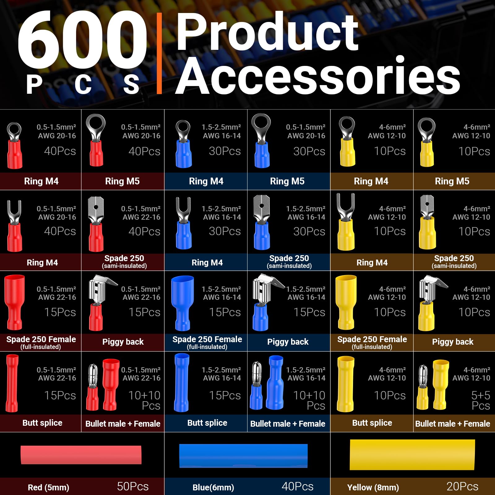 Set Alicates Terminales Electricos,600 Piezas (490 Conectores Aislados + 110 Tubos TermorretráCtiles),Terminales Faston,para Terminales EléCtricos - Grimpadora Cables Electricos 0,5-6 Mm²