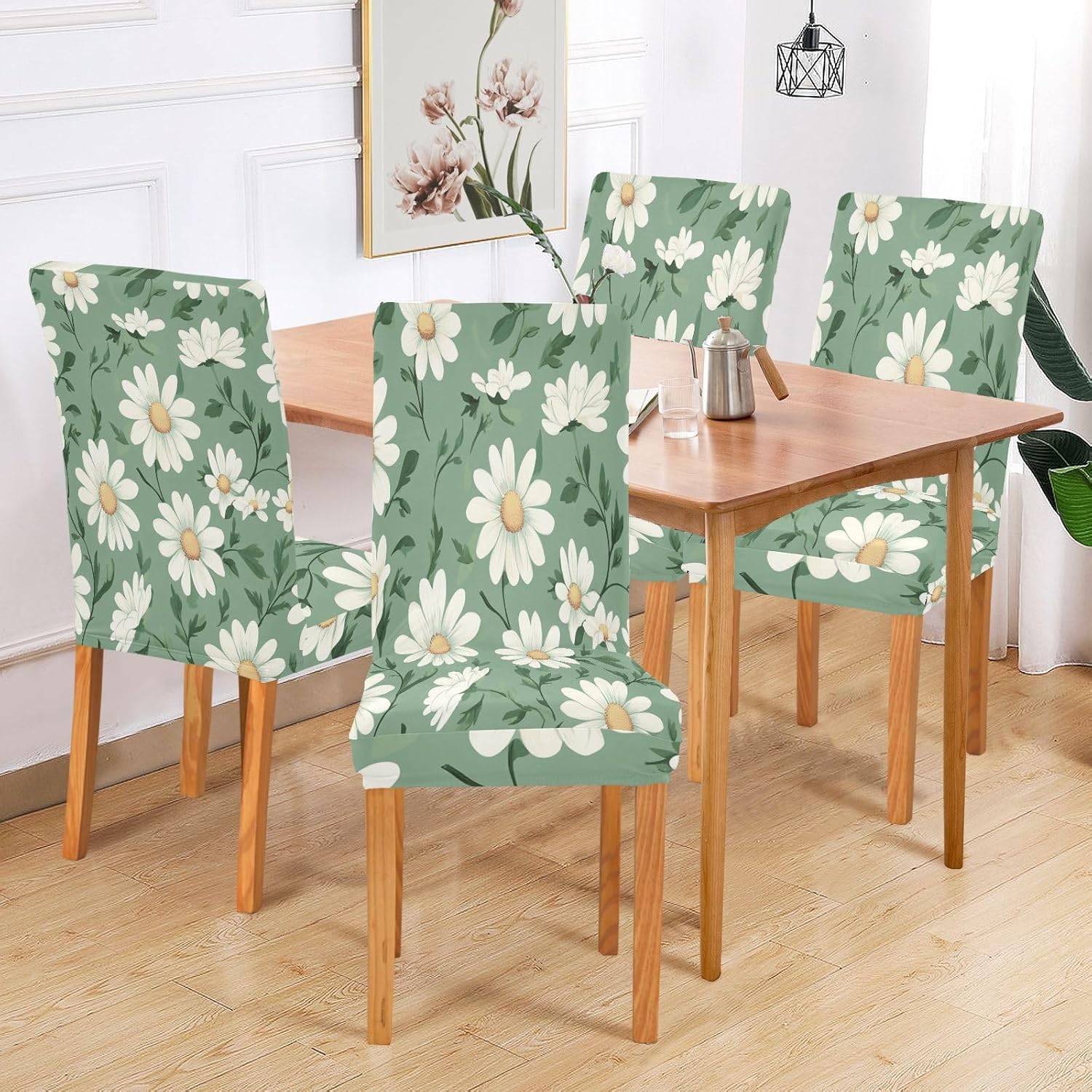 ALAZA Chair Covers for Dining Room, Daisy Spring Flowers Vintage Green Stretch Chair Cover Sets Chair Protector Removable Washable for Ktichen Restaurant Hotel