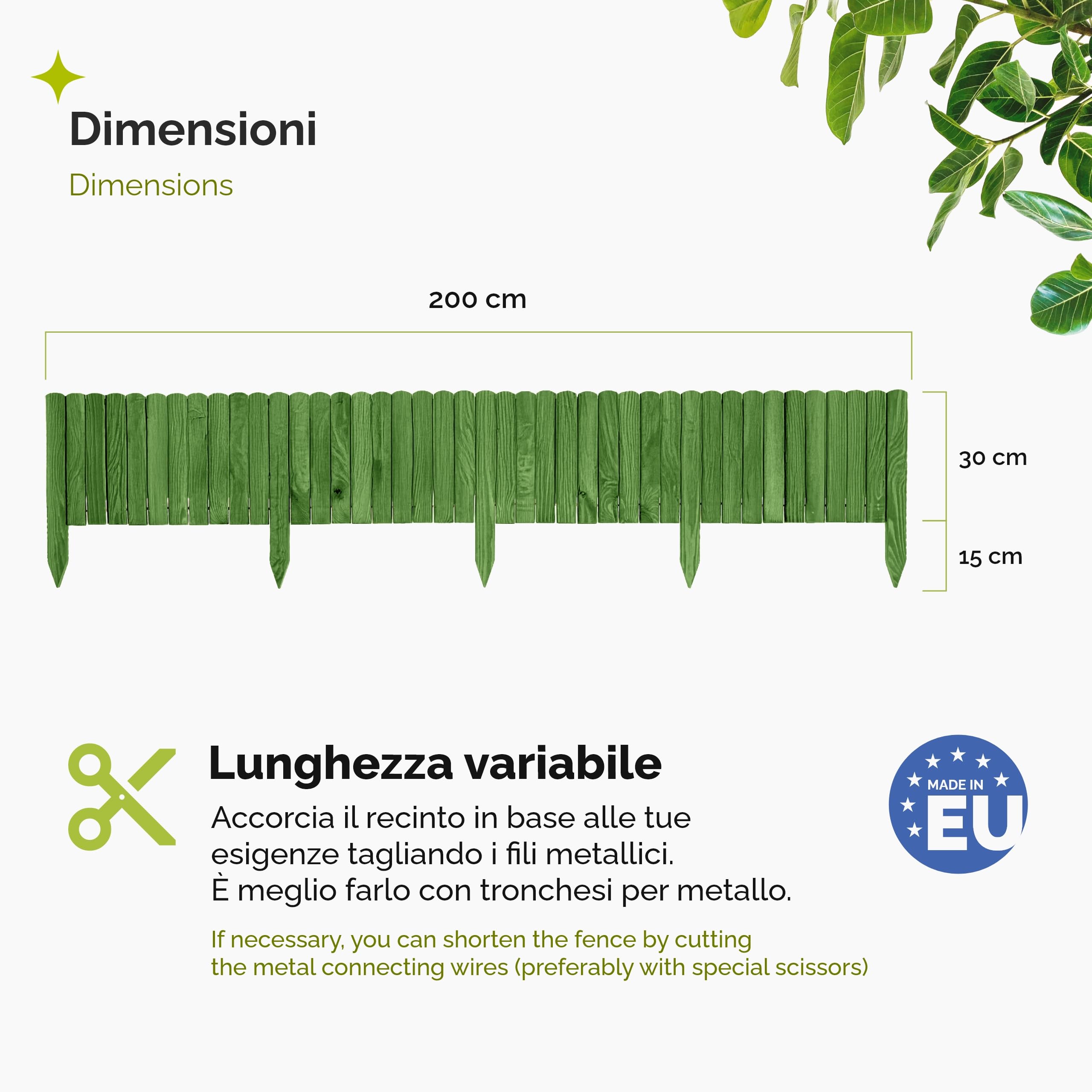 Garronda bordatura giardino bordura per aiuola staccionata in legno per giardino cordolo per aiuole Rollborder Recinzione Bassa Aiuola Lunghezza: 200 cm GD-0109 (Verde scuro, Altezza: 30 cm)