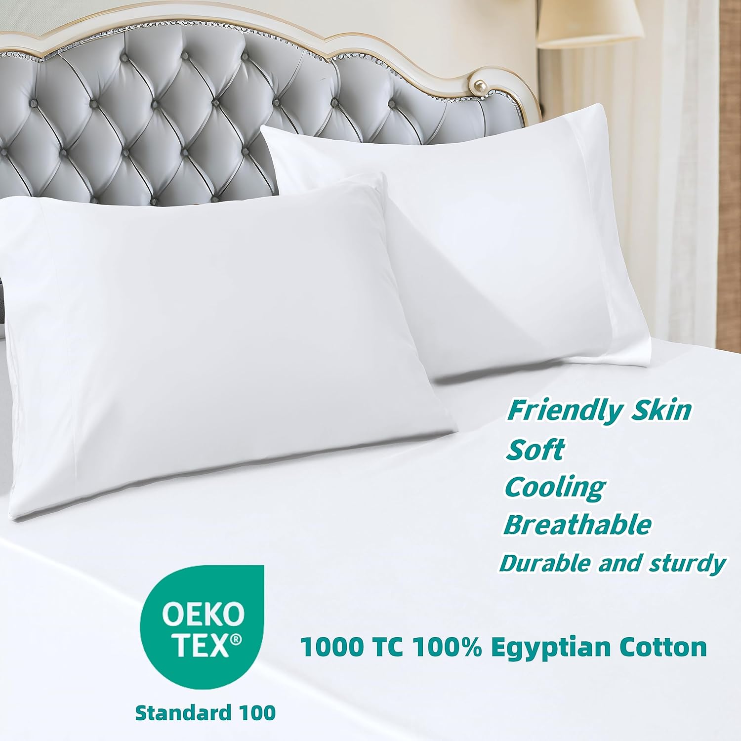 1000 Thread Count Cotton Pillow Cases Standard Size Set of 2, 100% Egyptian Cotton Sateen Weave Pillowcases,Envelope Closure Pillow Cover Silk Soft Breathable(White Standard) - Image 2