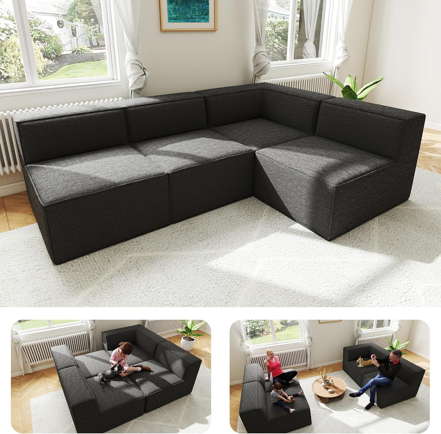 97\" Sectional Compressed Sofa Modular Couches,High-Density Foam No Assembly Required,3-Piece(1xCorner 3xArmless) for Living Room, Chenille Dark Grey (3A+1C) Dark Grey. (Item unknown)