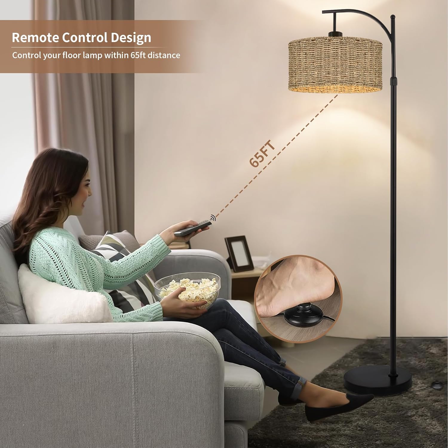 Arc Rattan Floor Lamp for Living Room with Remote,Black Floor Lamps with 3 Color Temperature Dimmable Bulb,Farmhouse Boho Standing Lamp with Wicker Shade,Adjustable Tall Lamp for Bedroom Office Corner